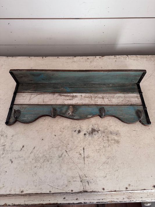 Weathered shelf with hooks White and Teal Wood