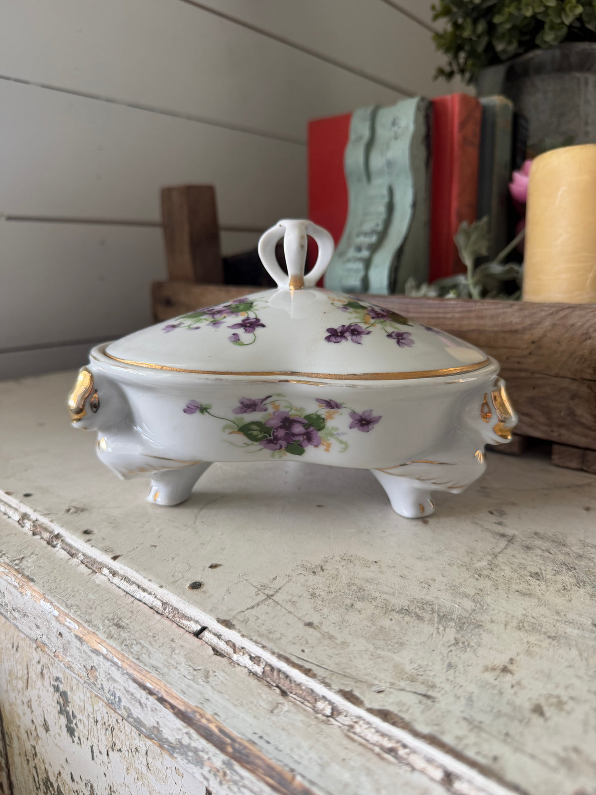 Vintage Footed Norcrest Fine China Sweet Violets Divided Covered Box