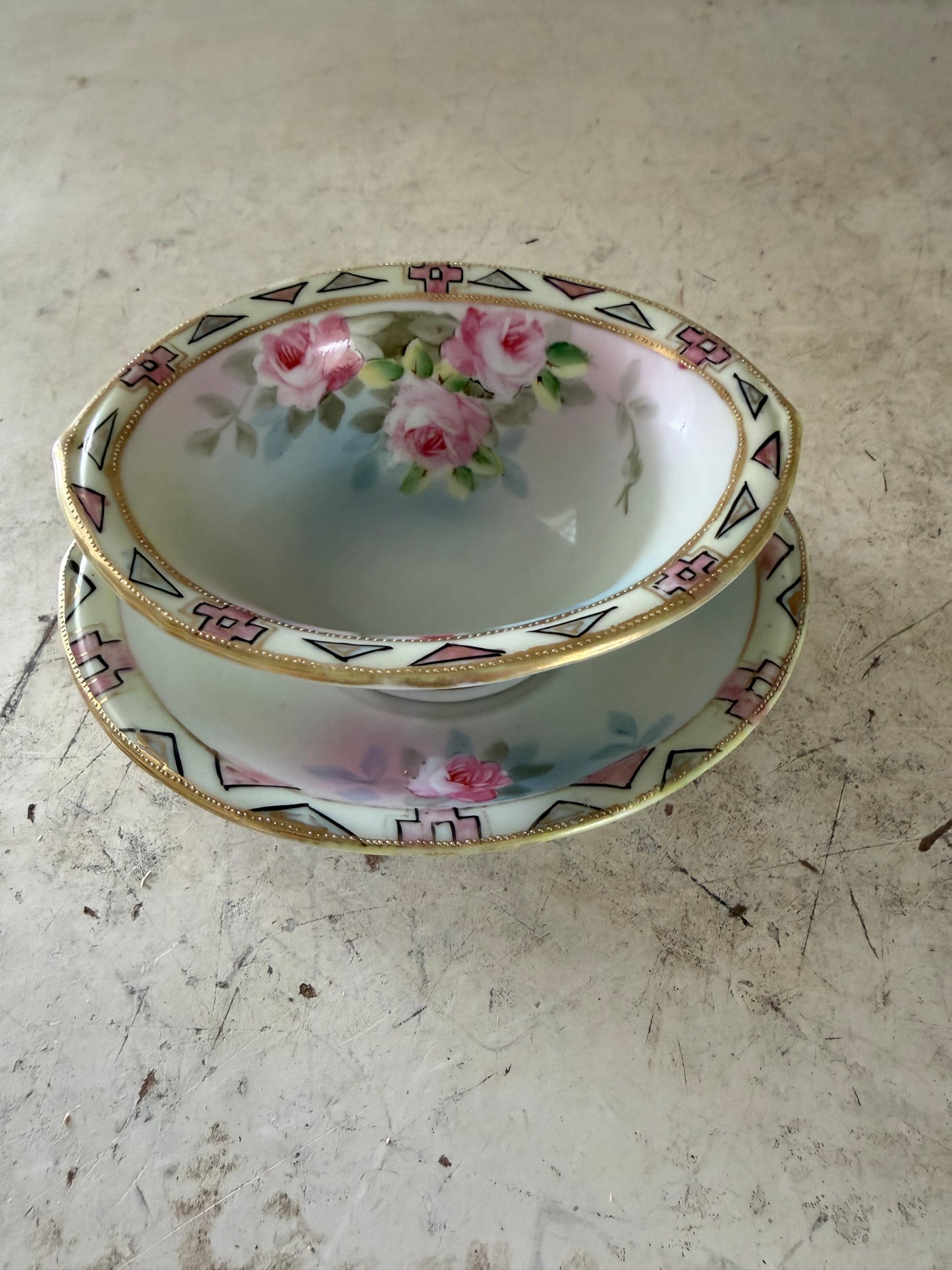 Vintage Nippon porcelain hand-painted dish set with pink rose and geometric
