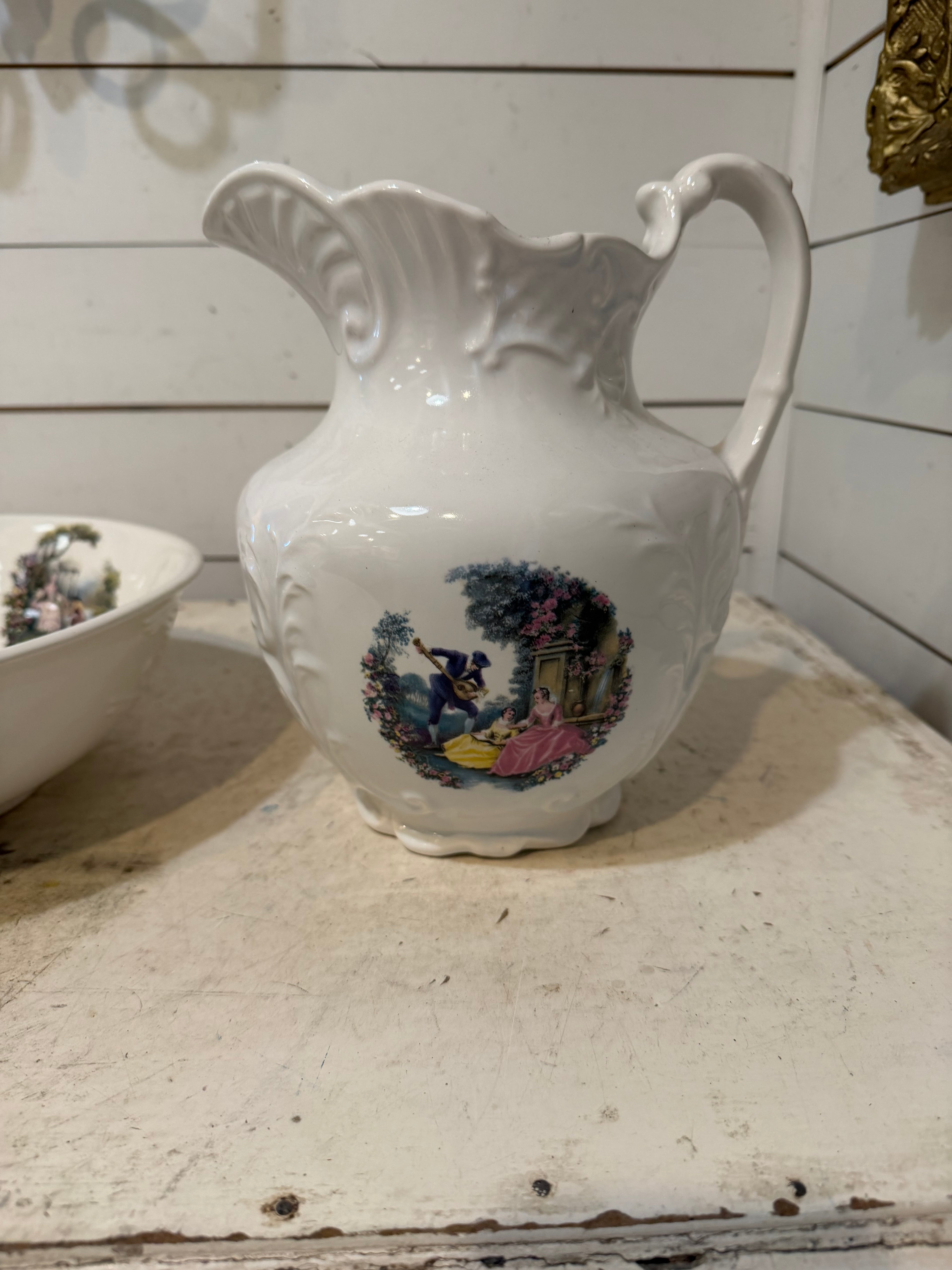 Vintage Porcelain Wash Basin With Victorian Scenes