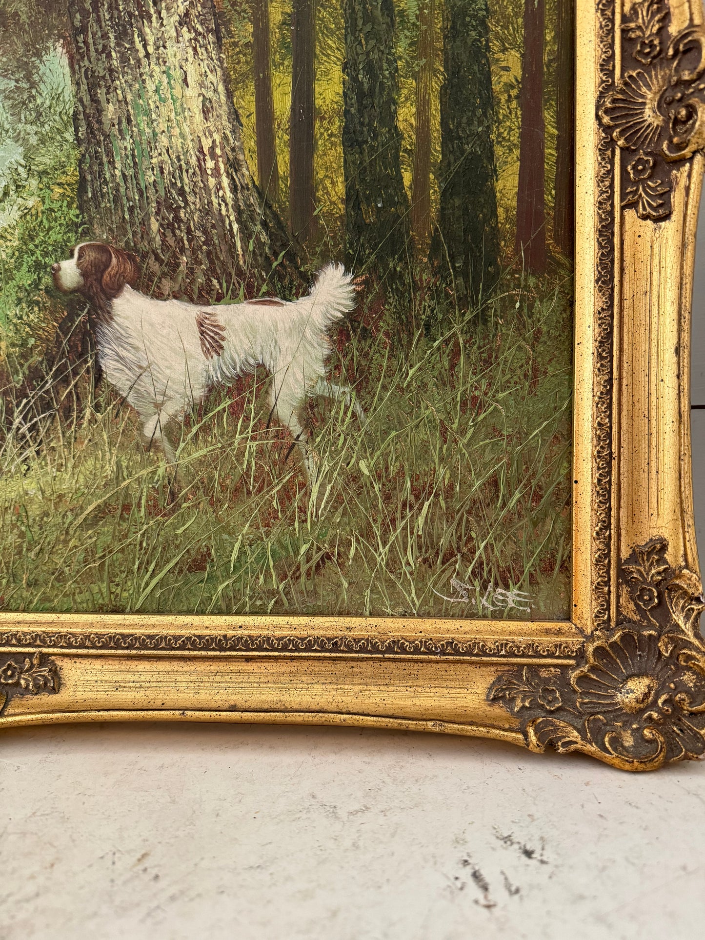 Pointer Dog & Pheasants Amazing Detail Original Framed Oil On Canvas by S. Lee 16x20 with frame