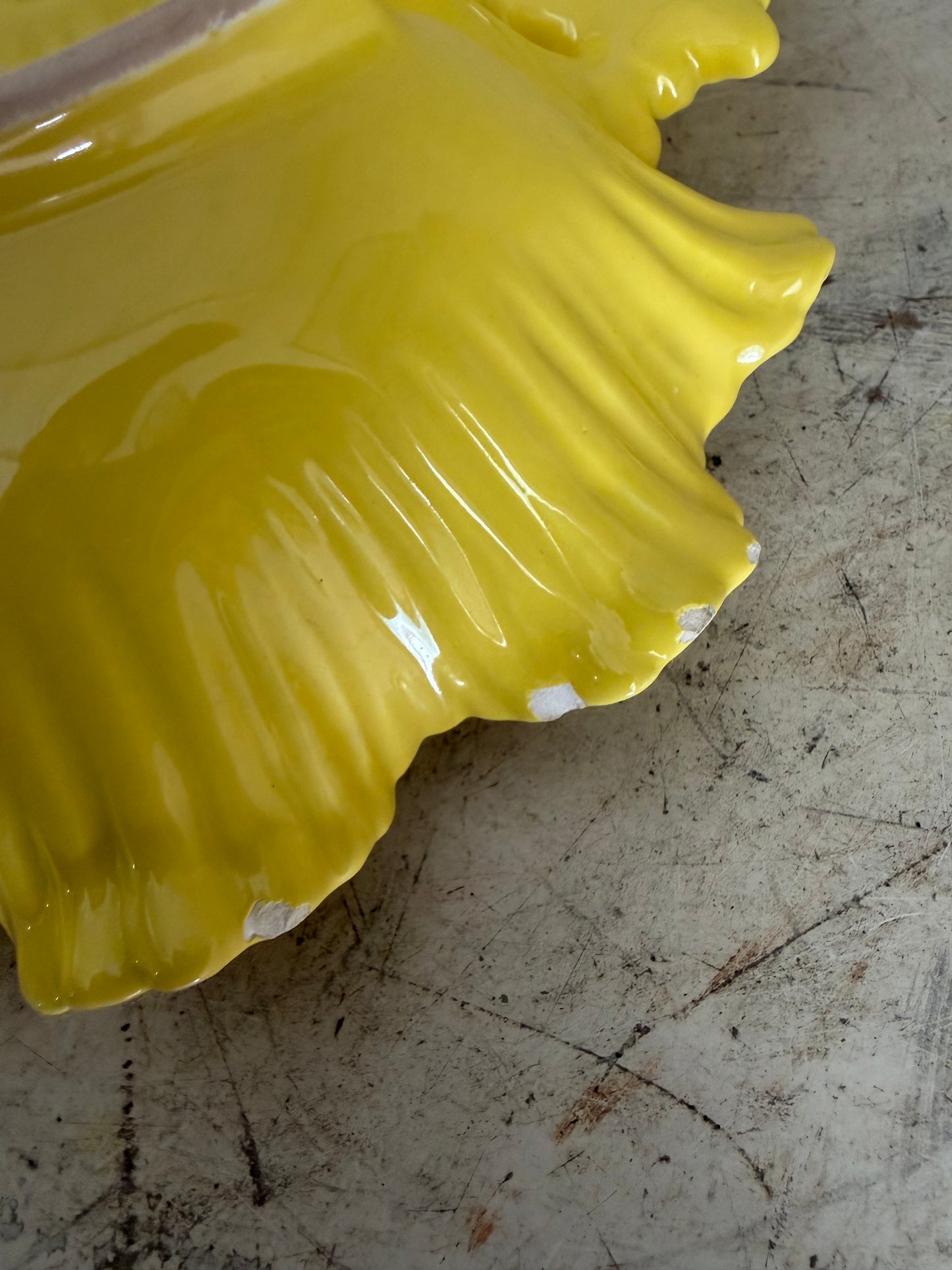 Vintage yellow ceramic dish California Pottery divided leaf relish Tray - Has Some Chips