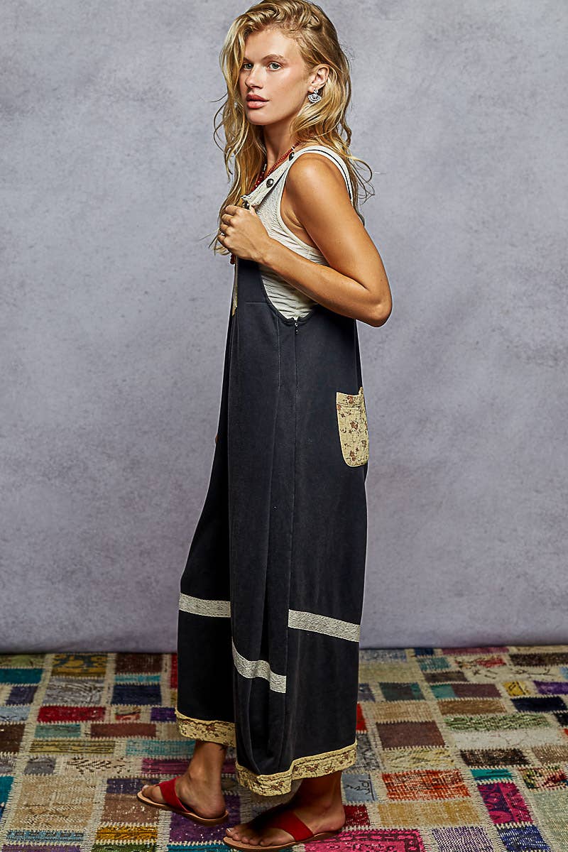 Vintage washing print patch solid French terry knit overalls