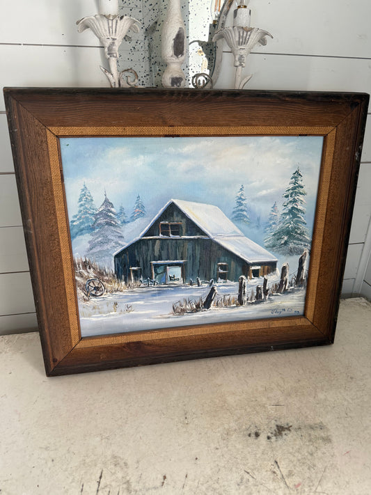 Original Oil Painting Winter Barn Pastoral