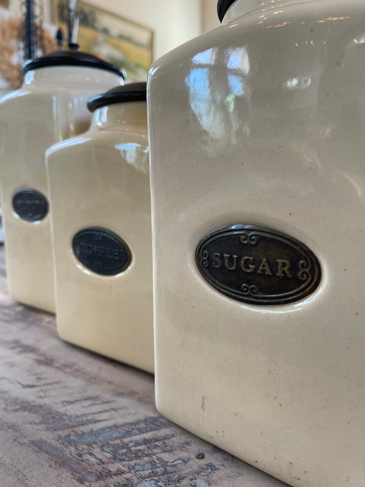 Set of 3 Aged Cream Ceramic Canisters with Mango Wood Lids & Brass Labels
