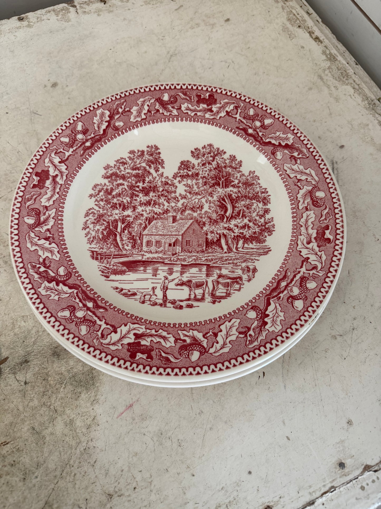 Vintage  Royal Ironstone Memory Lane Dinner Plate 10” Red Transferware Country - as is see Chip sold individually