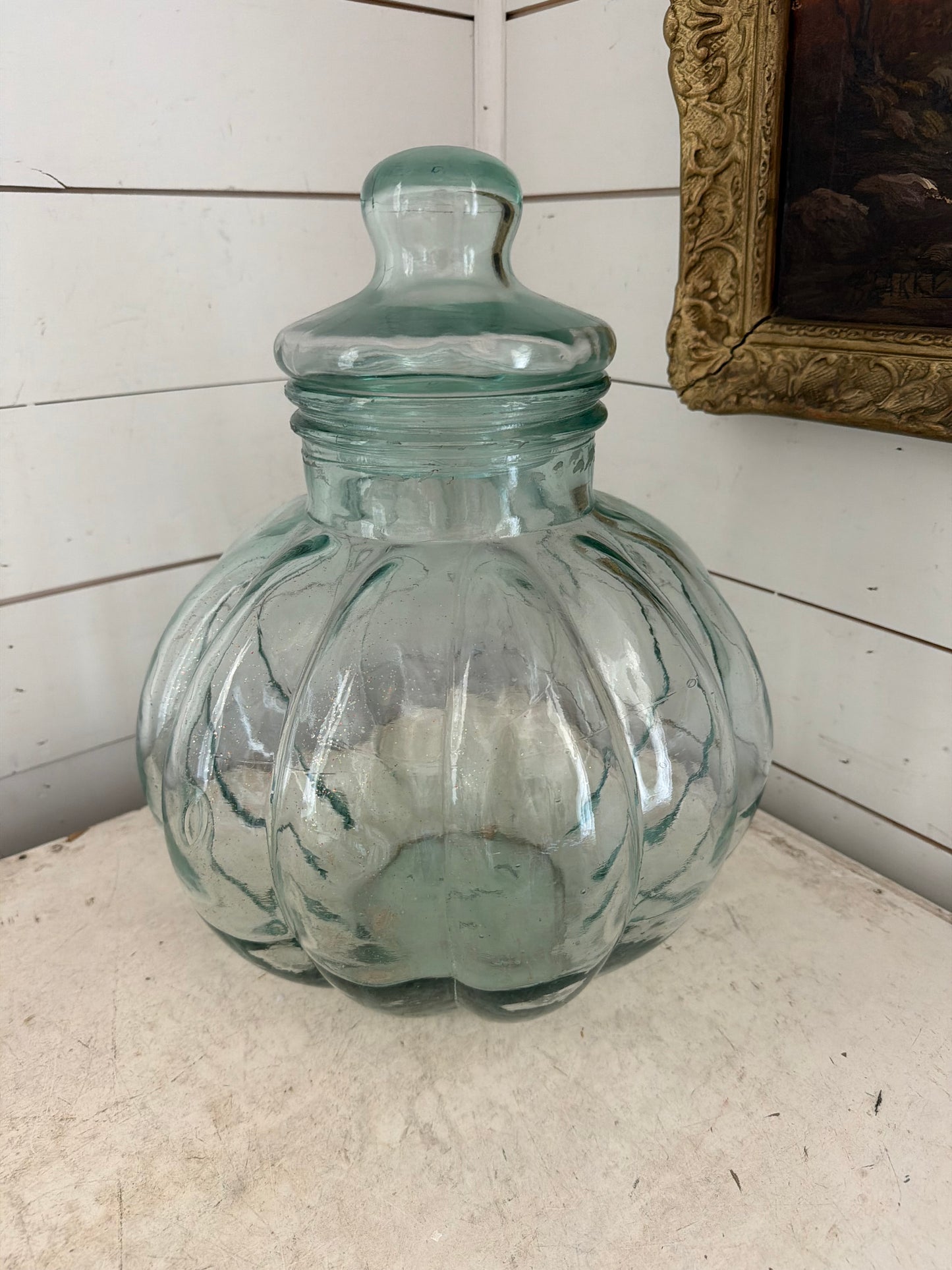 Large Vintage Blue Green Apothecary Jar with lid