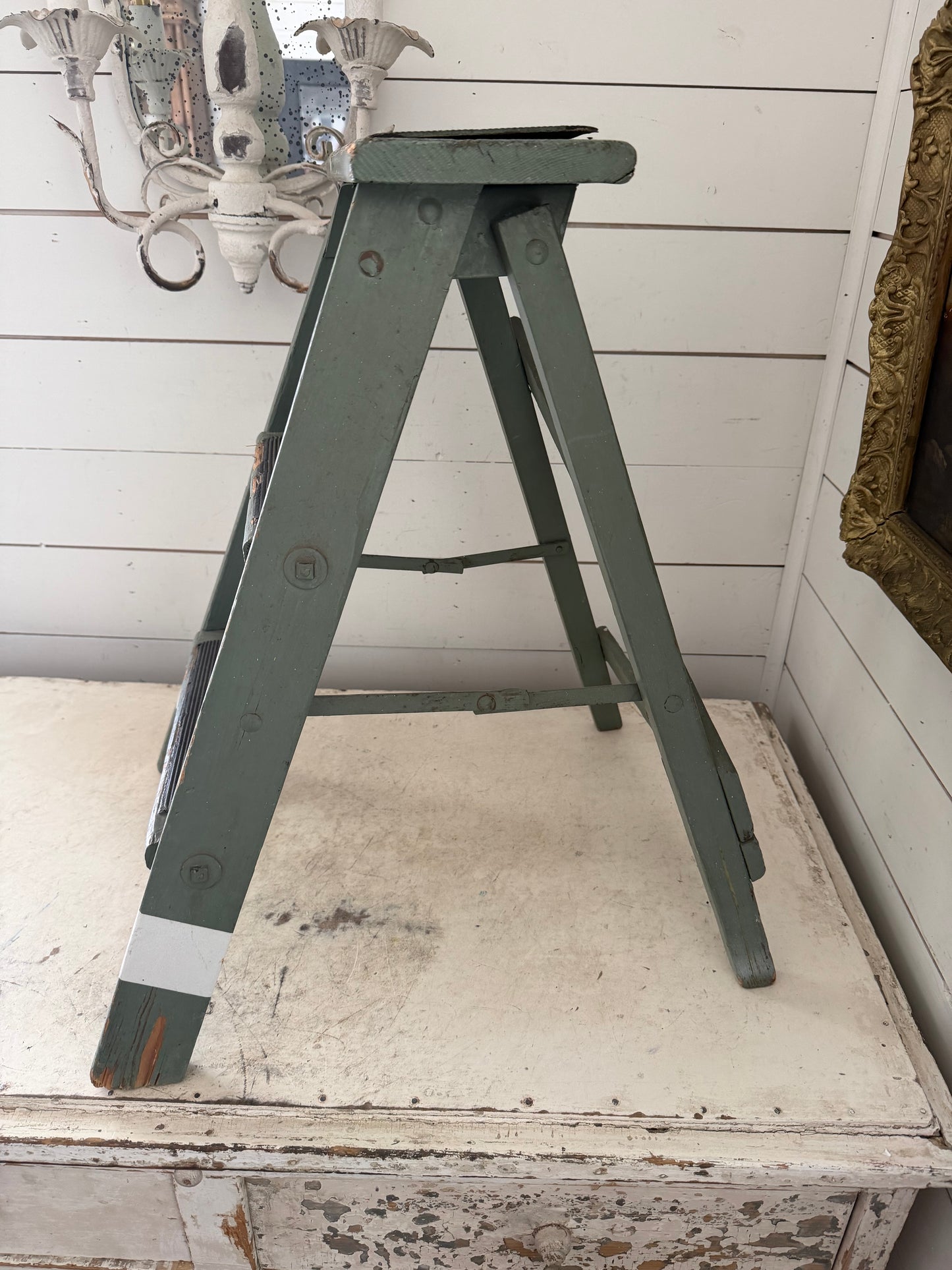 Vintage Wood stepstool painted and sage