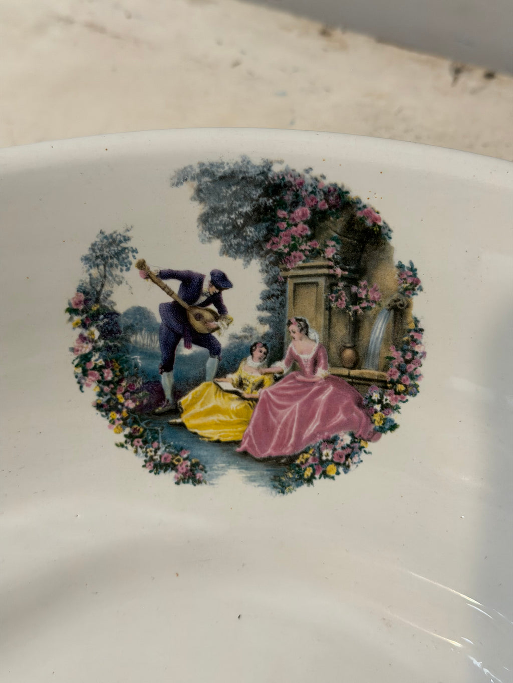 Vintage Porcelain Wash Basin With Victorian Scenes