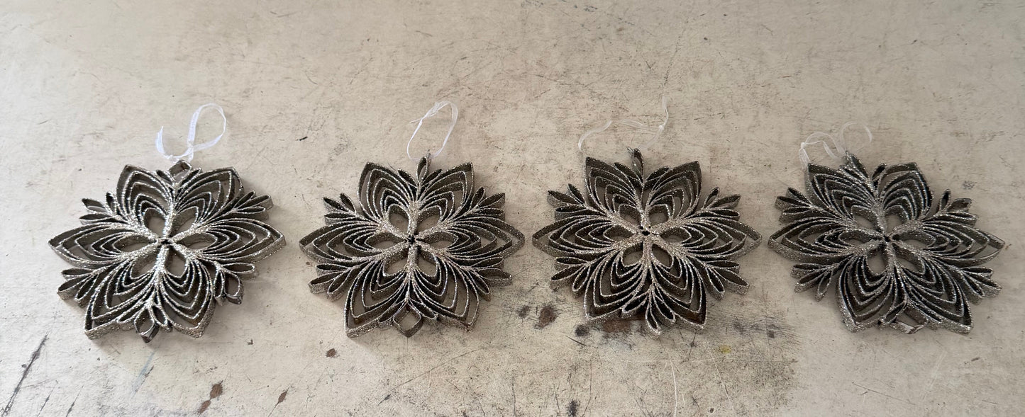 Set of metal glitter, snowflake ornaments