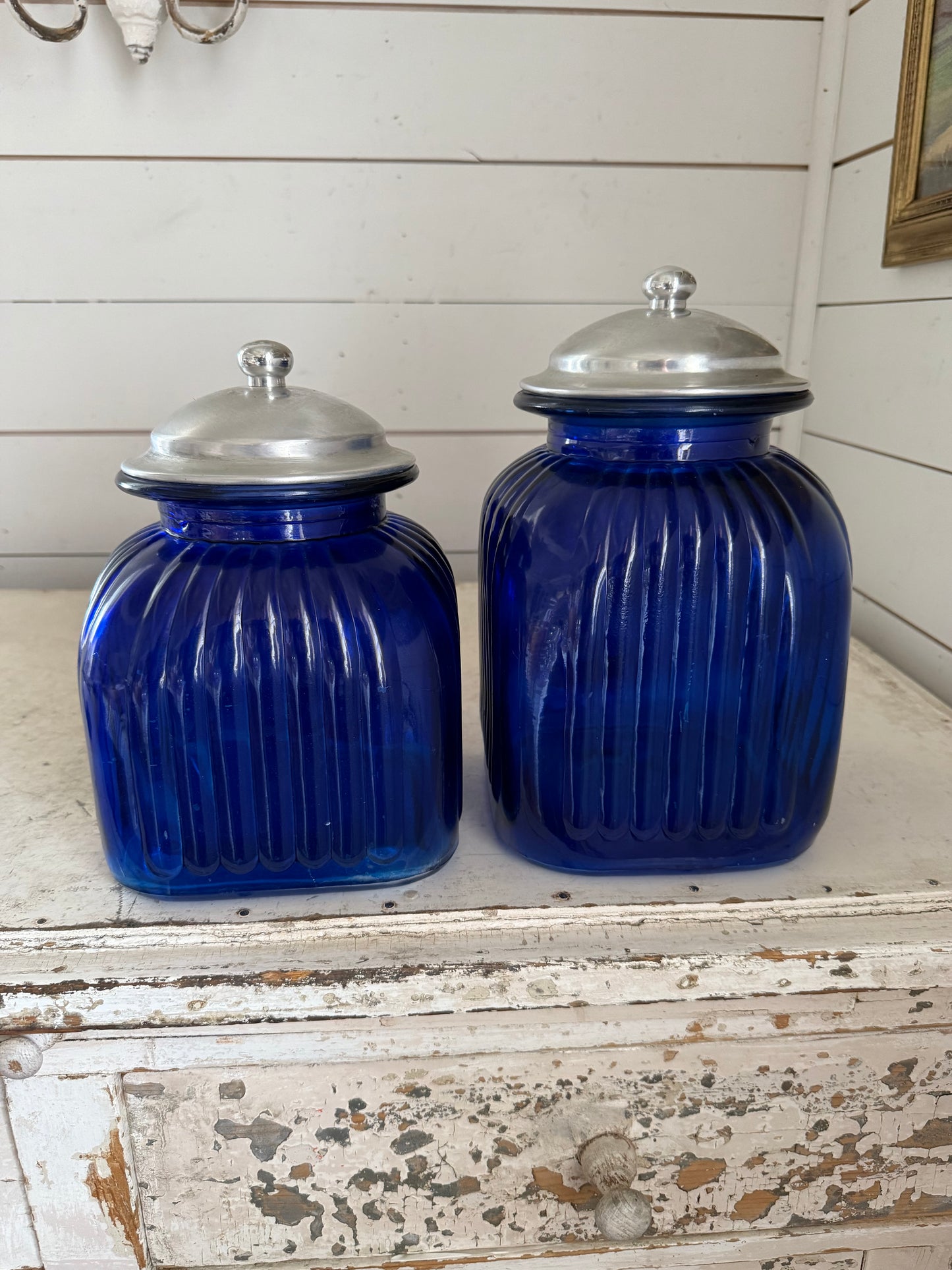 Vintage Artland Cobalt Ribbed Tall Apothecary Jar Canister With Metal Lid Set of 2