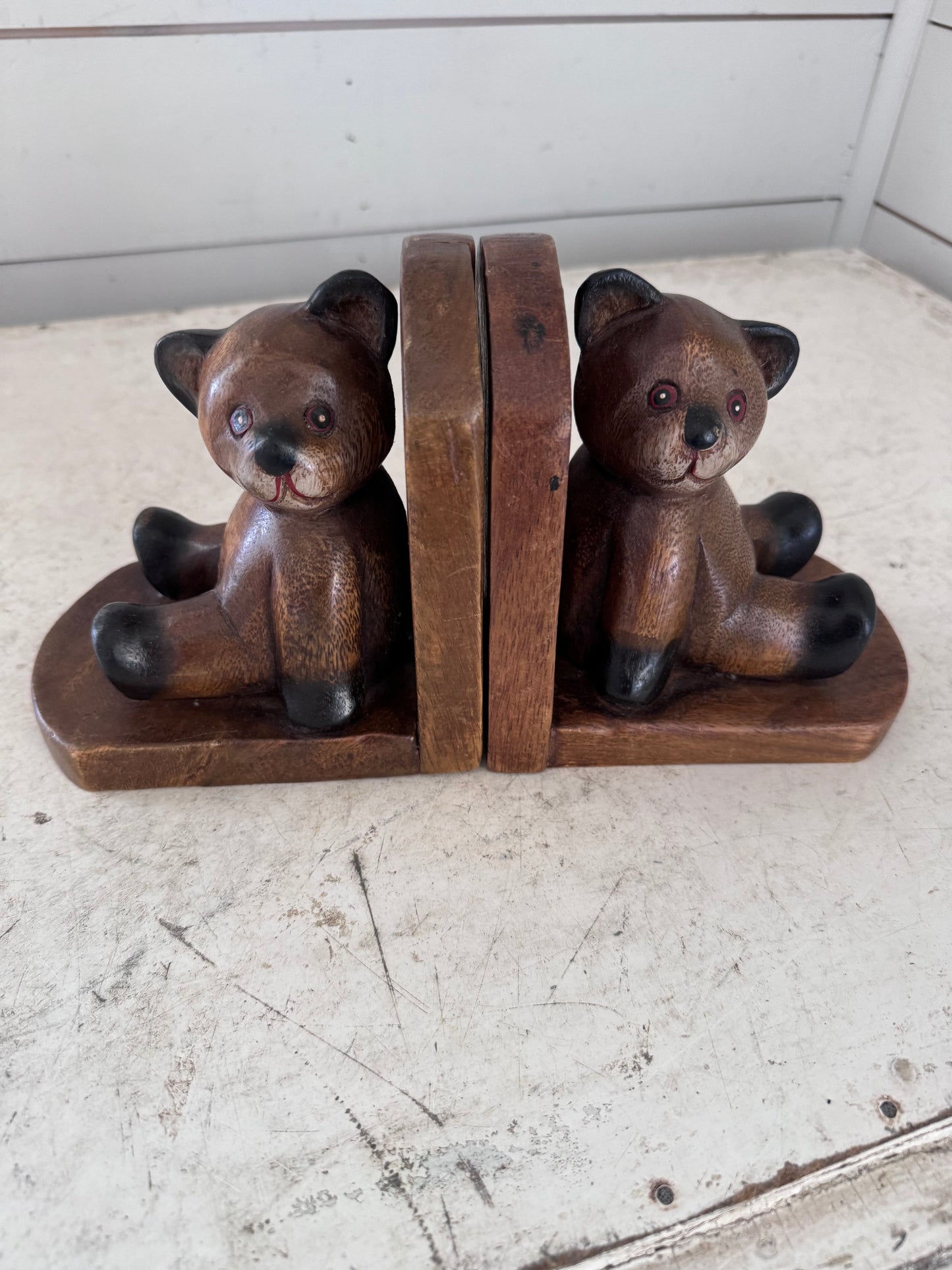 Vintage handcarved wood teddy bear book ends