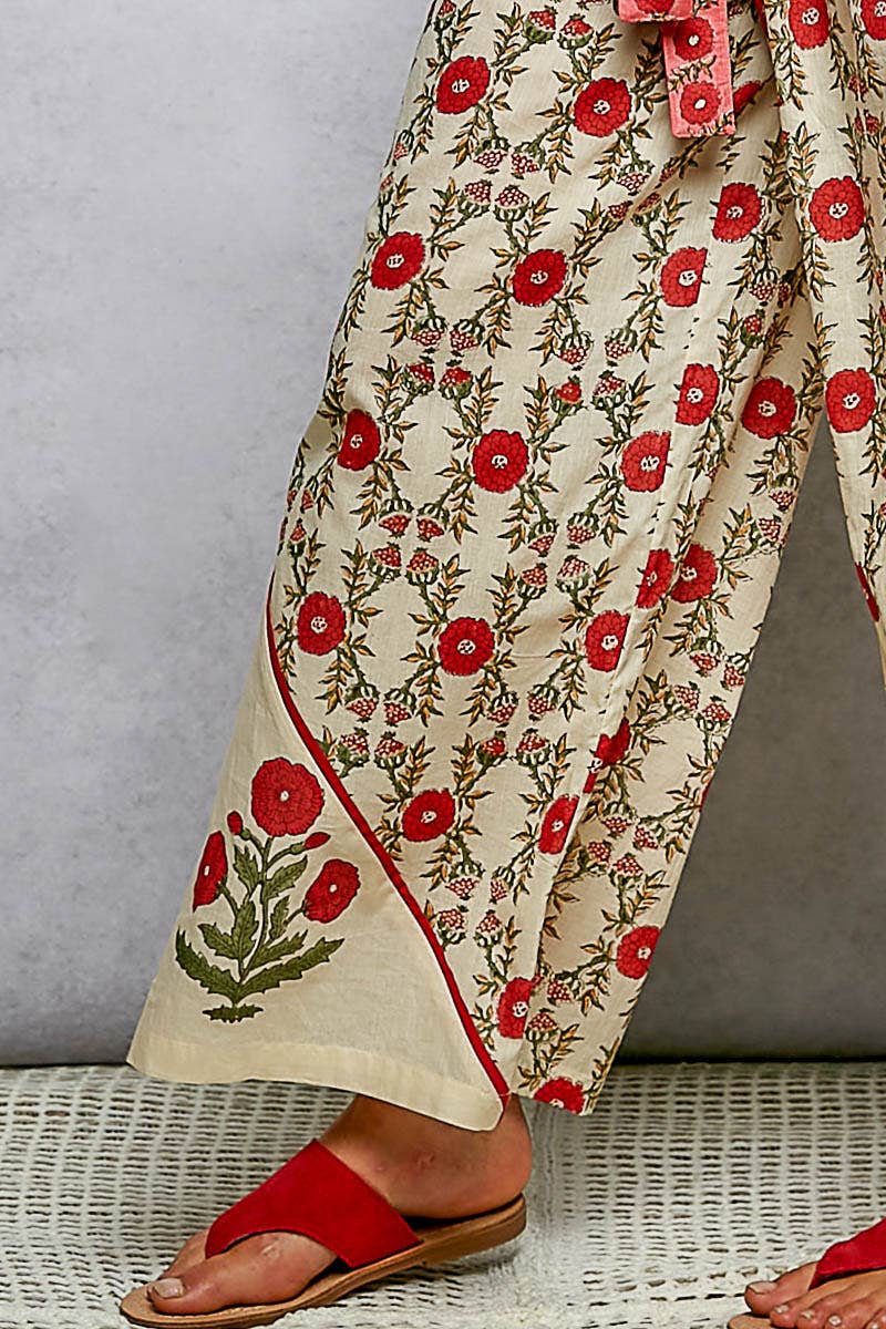 Waist Belt Floral Pattern Straight Fit Pants