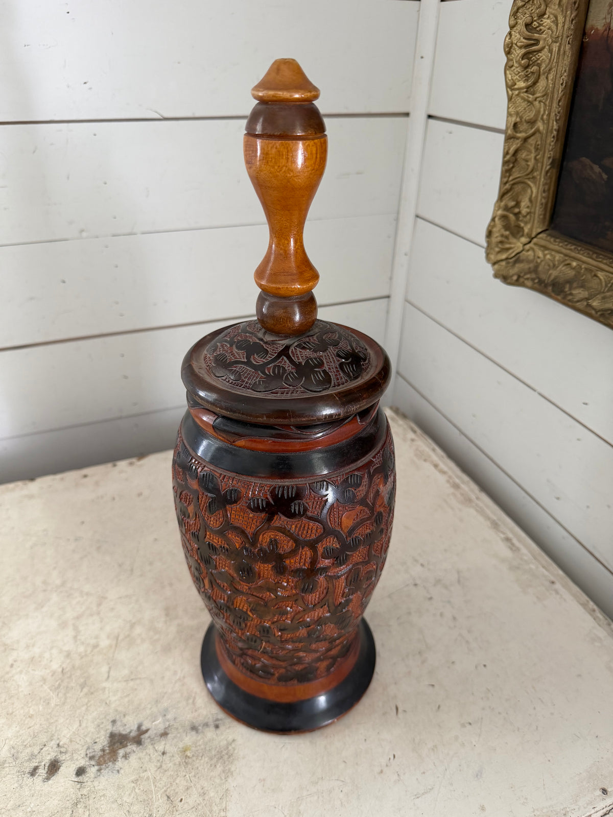 Vintage Carved Folk Art Floral Wooden Jar w/ Finial