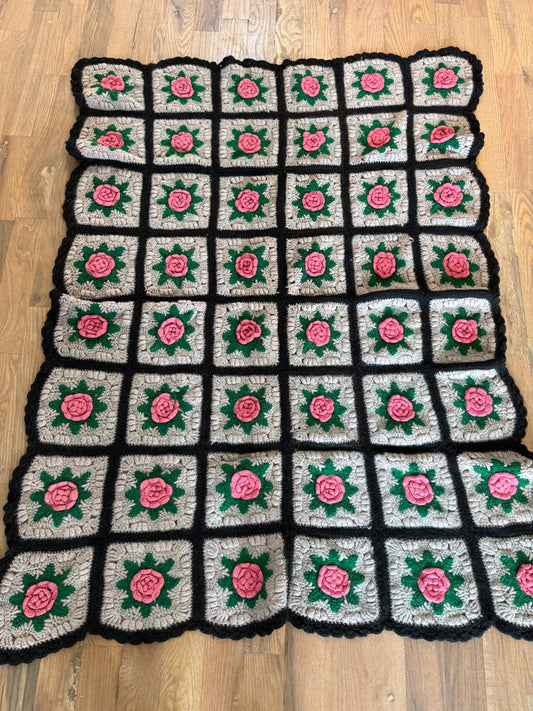 Vintage rose afghan blanket - lap size as is