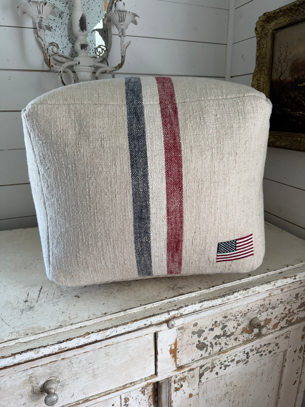 Pottery Barn American Flag Patriotic Grain Sack Pouf