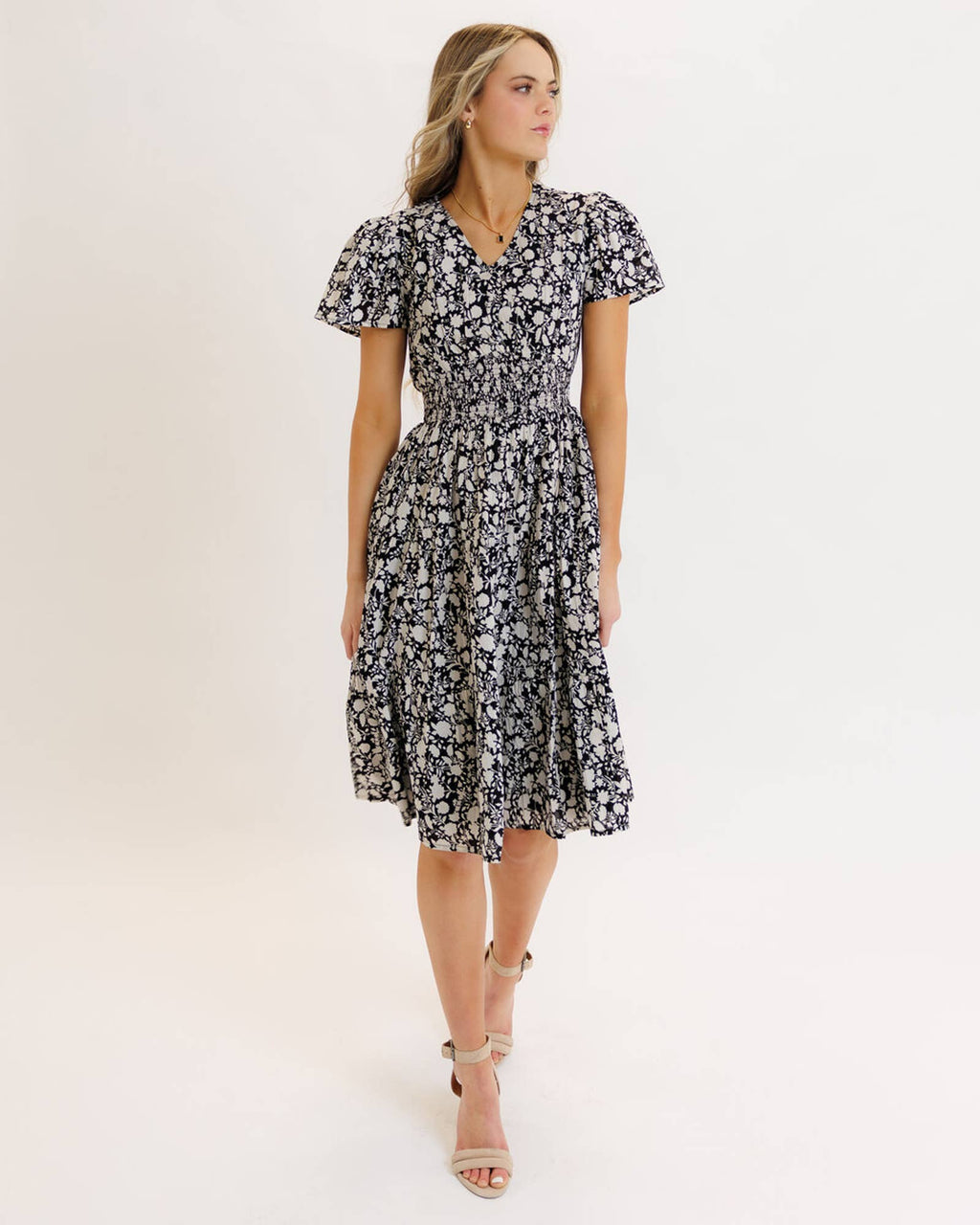 Felicity Floral Print Short Sleeve Tiered Skirt Midi Dress