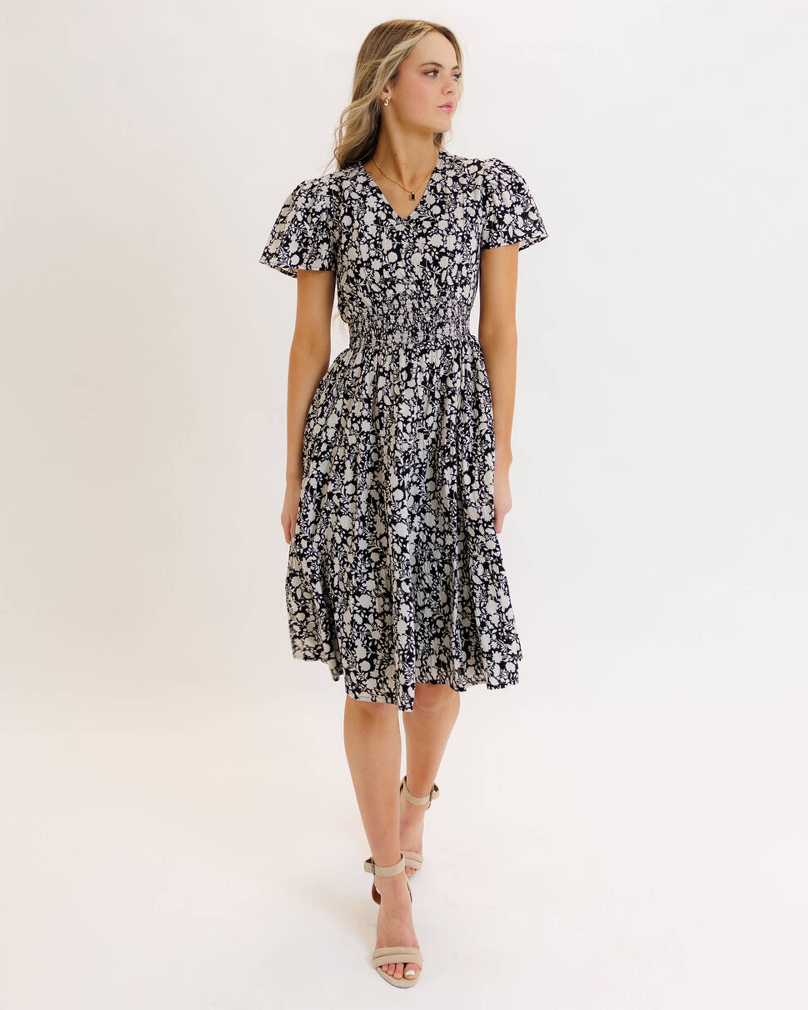 Felicity Floral Print Short Sleeve Tiered Skirt Midi Dress