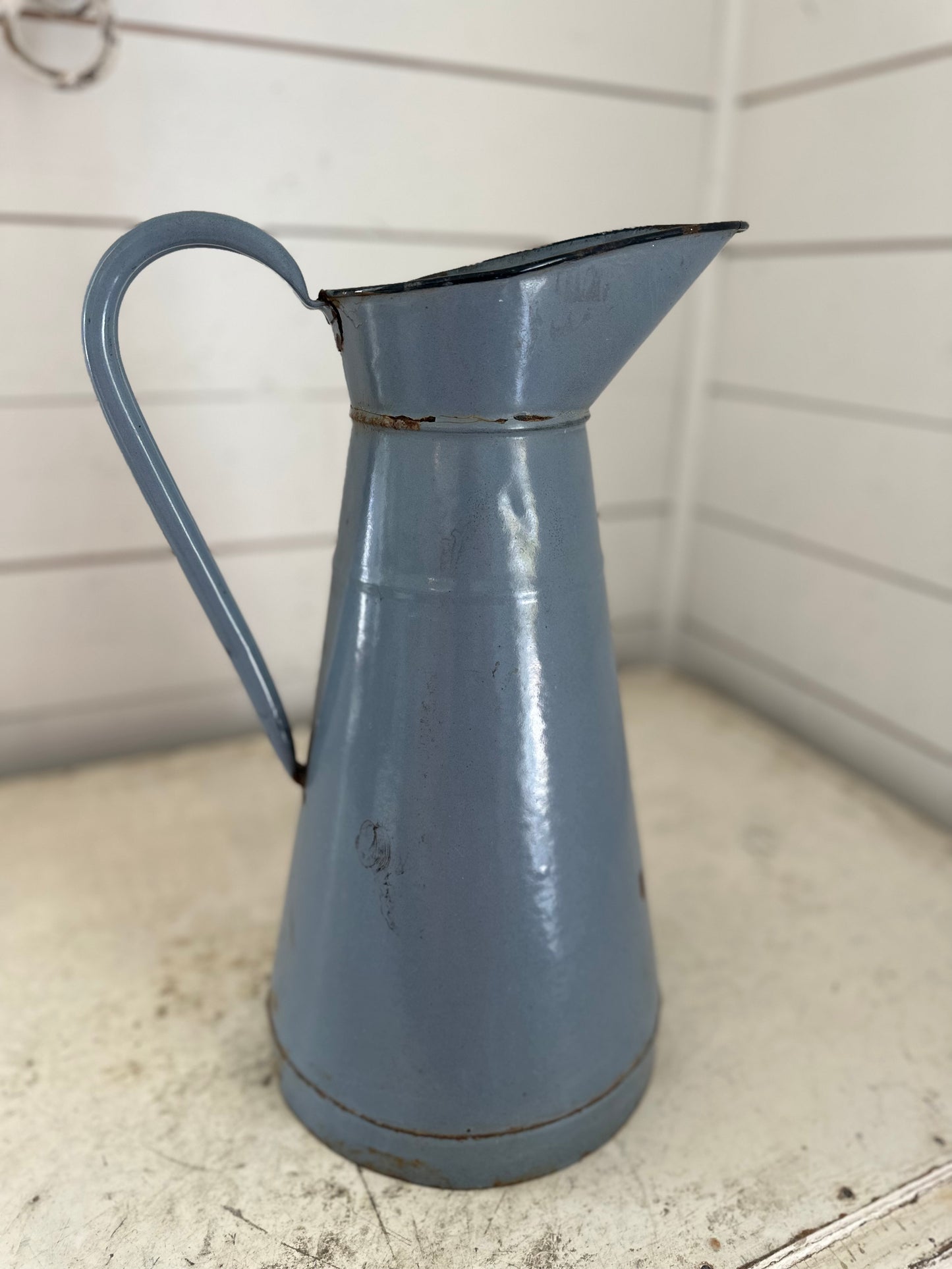 Large Blue French Enamel Pitcher - has wear as shown