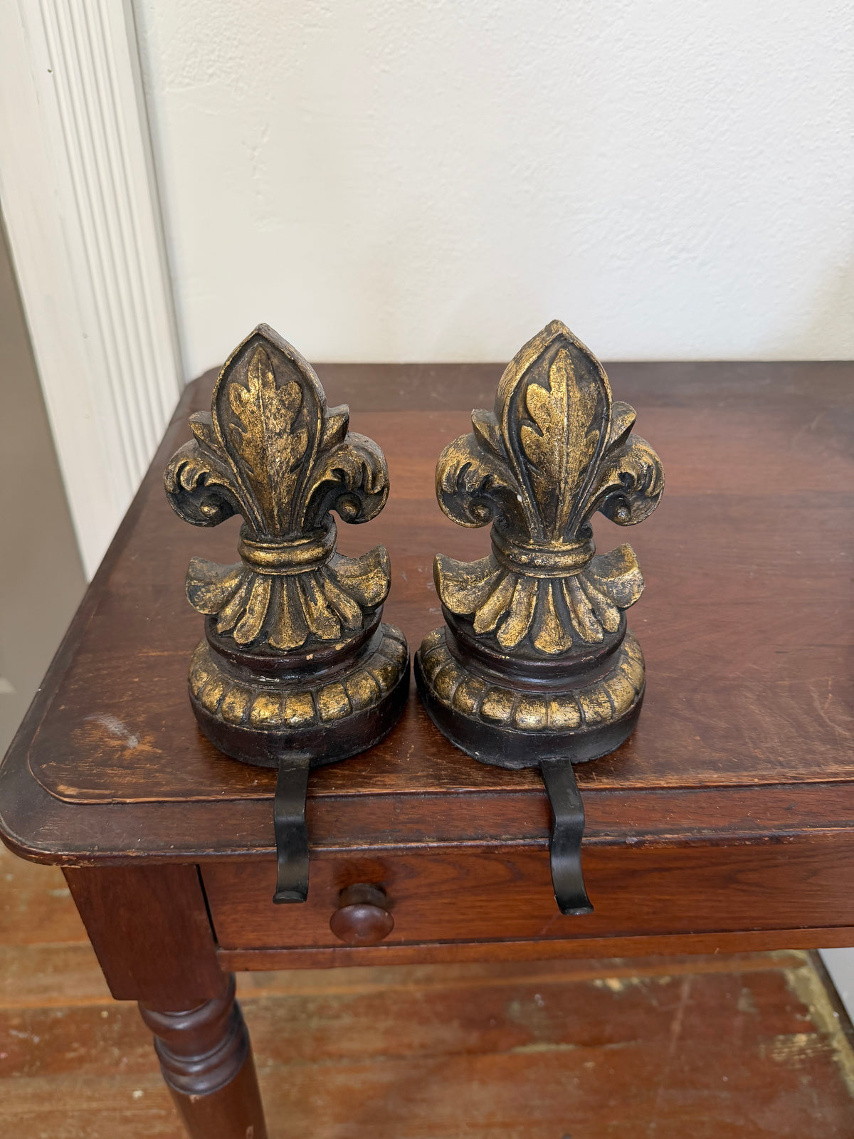Stocking Holders ornate, distressed gold and dark brown fleur-de-lis SOLD INDIVIDUALLY
