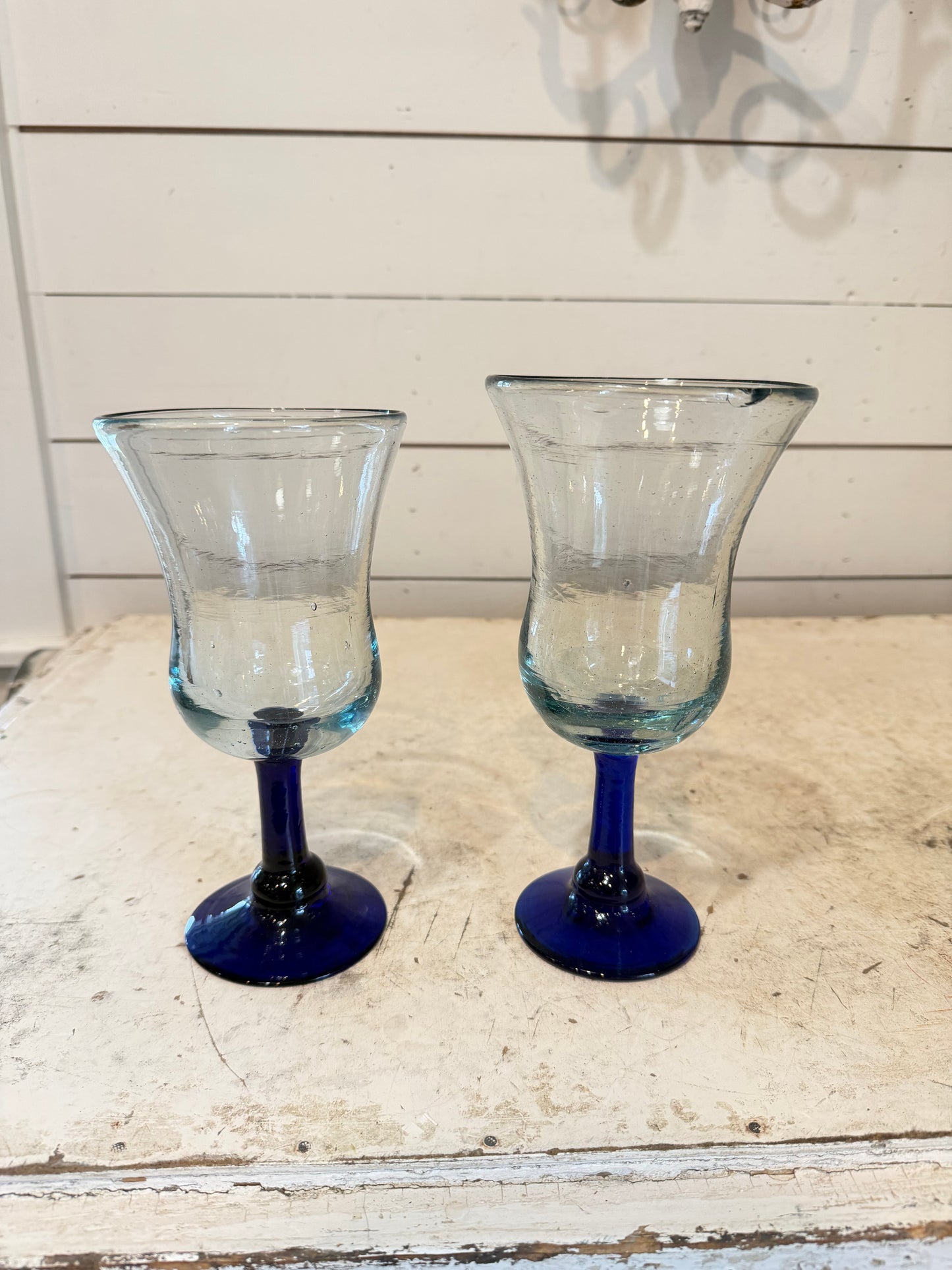 Set a vintage hand blown cobalt in clear glass goblets