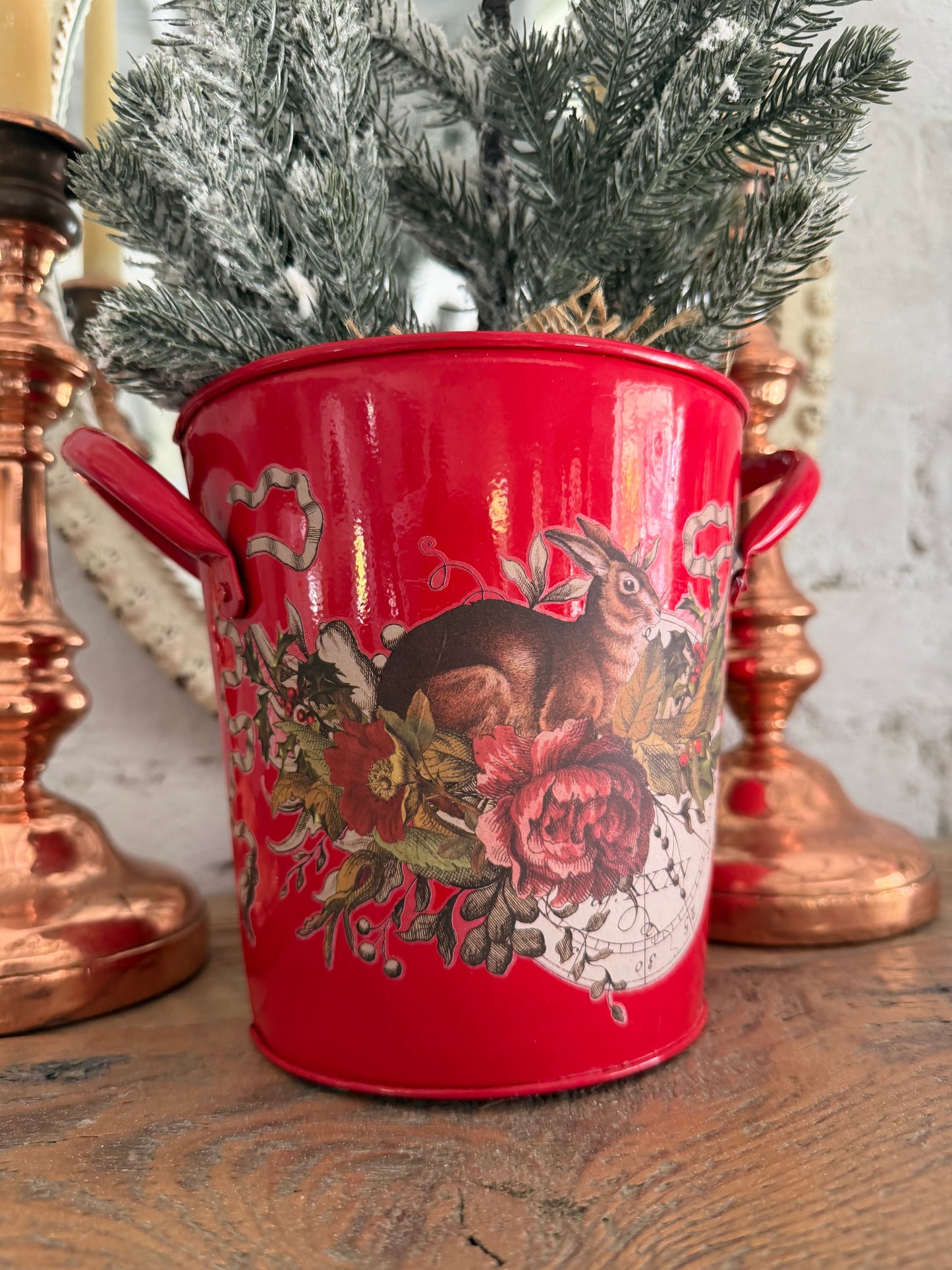 Red Enamel Bucket with handles and holiday transfer greenery not included