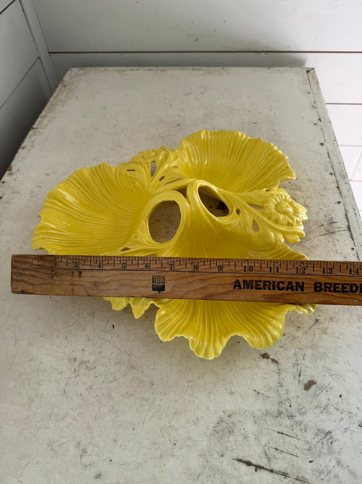 Vintage yellow ceramic dish California Pottery divided leaf relish Tray - Has Some Chips