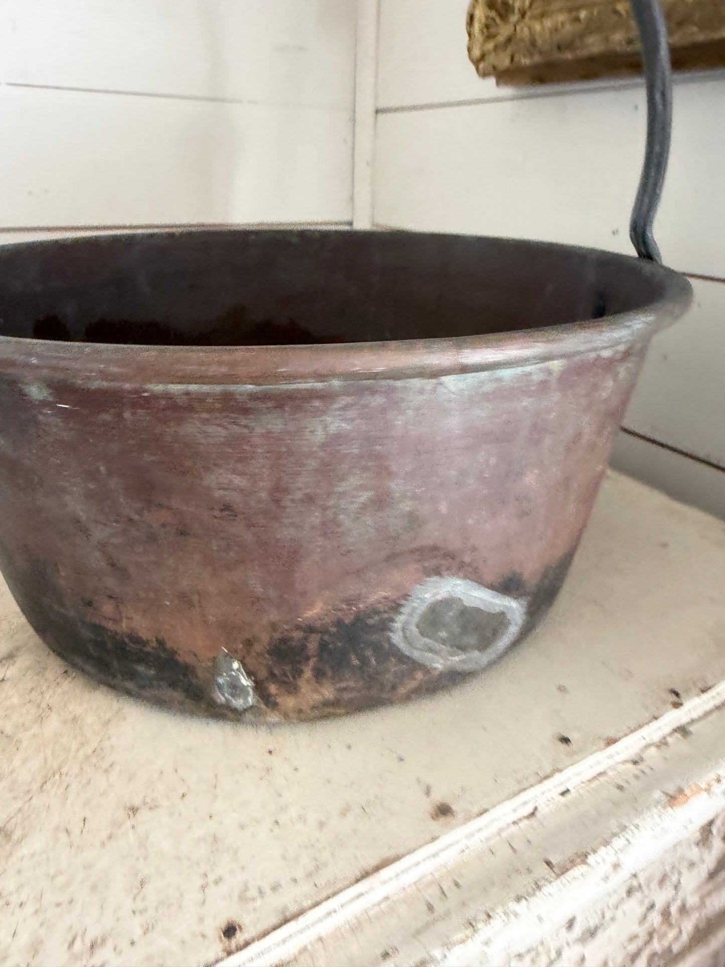 Antique French 1800’s Copper Cauldron With forged Iron Handle has repairs as shown