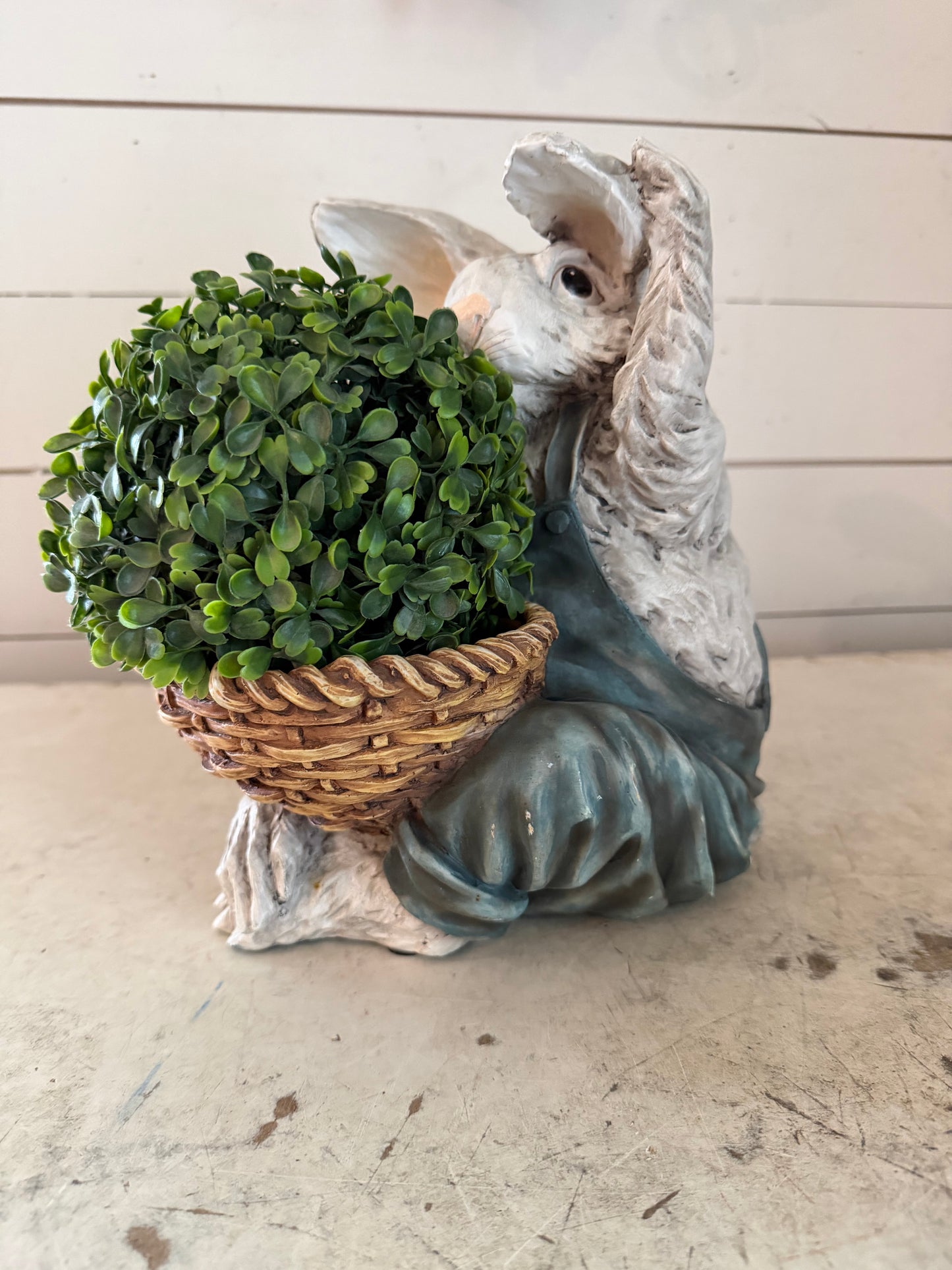 Vintage Seated Farmer Bunny Rabbit With Basket greenery included