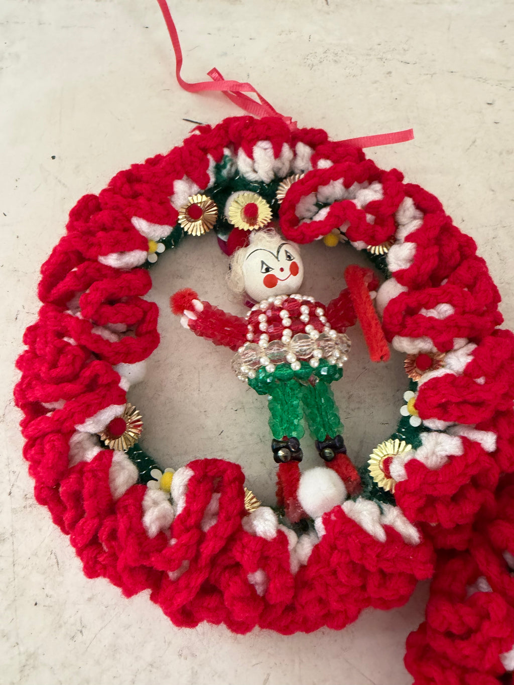 Set of vintage handmade crocheted Christmas wreath ornaments