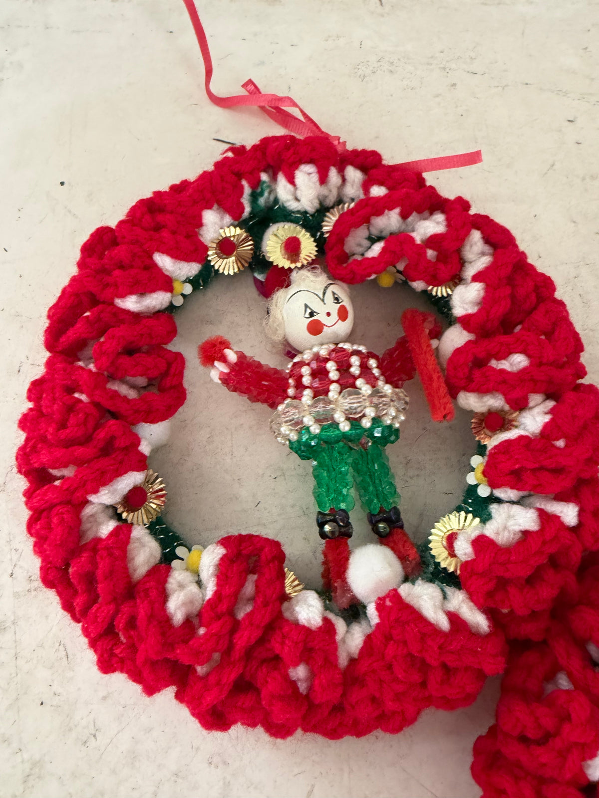 Set of vintage handmade crocheted Christmas wreath ornaments
