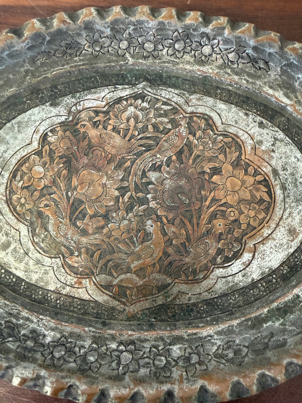 Antique Hand Engraved Silver Plate Over Copper Tray