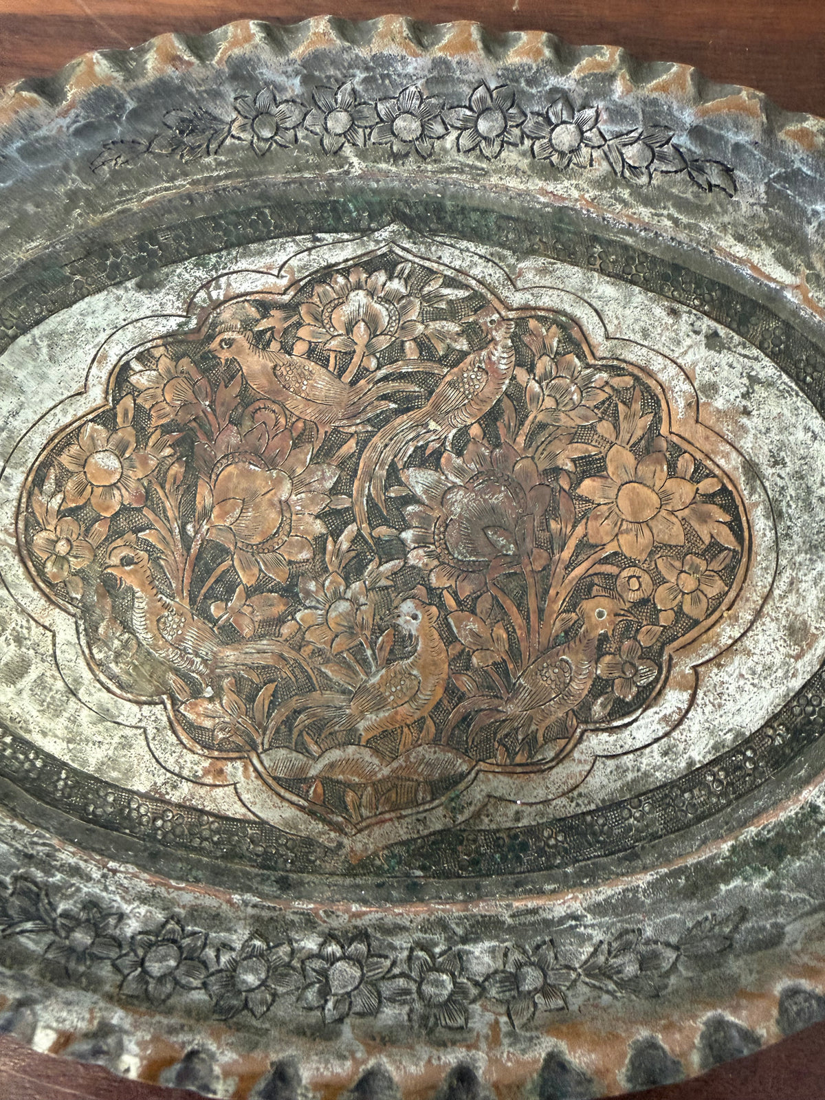 Antique Hand Engraved Silver Plate Over Copper Tray