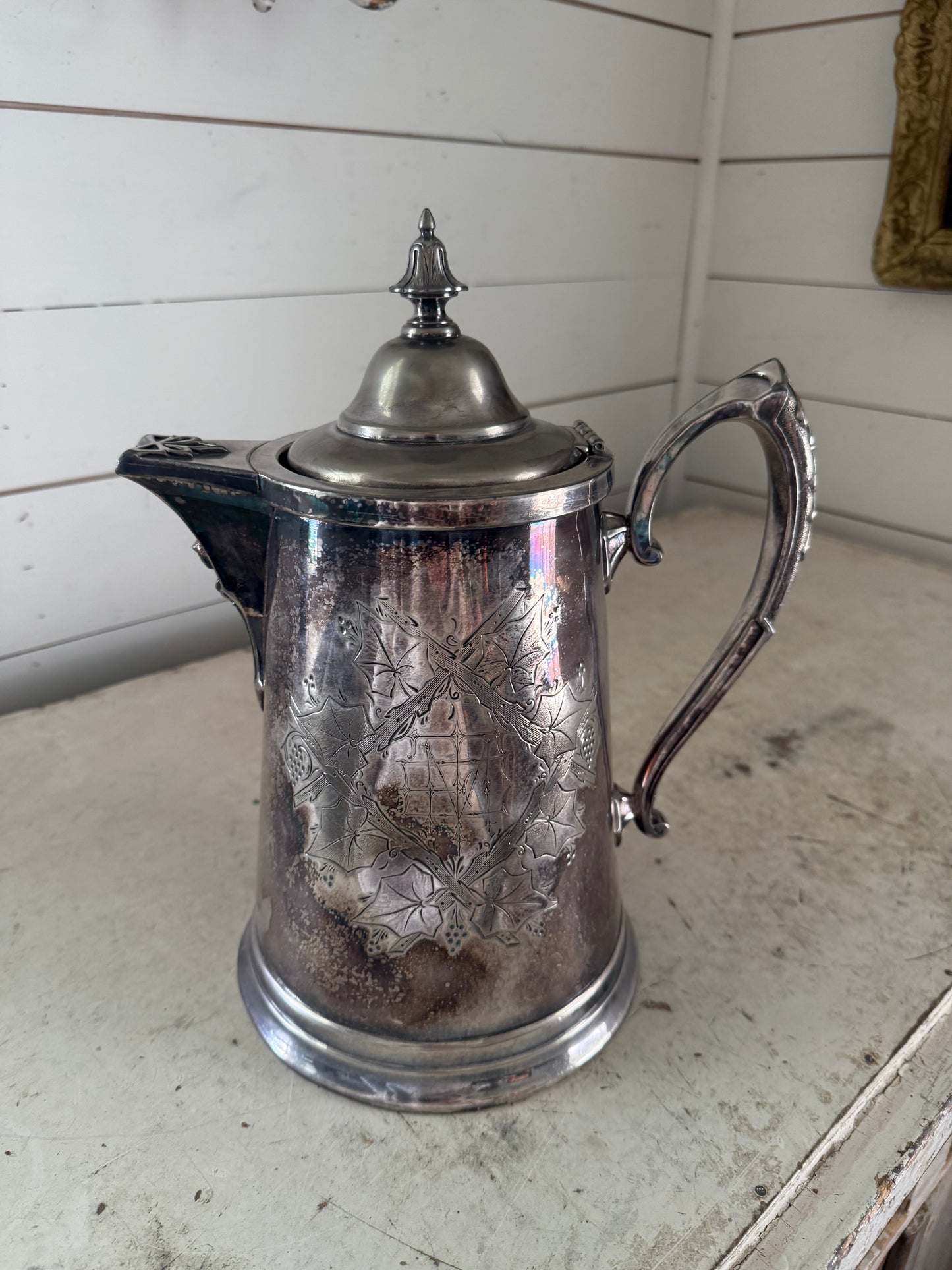 Large antique JAs Stimpson mid 1800’s Quadruple Plate Silver lined pitcher