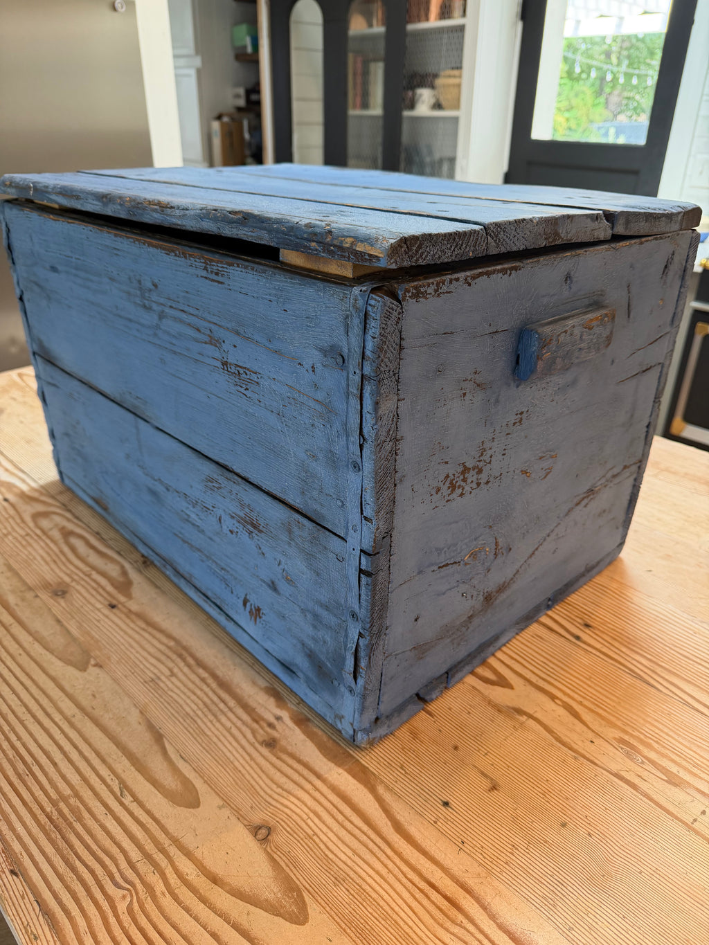 Vintage Large Wood Kindling Box Painted In Federal Blue Milk Paint