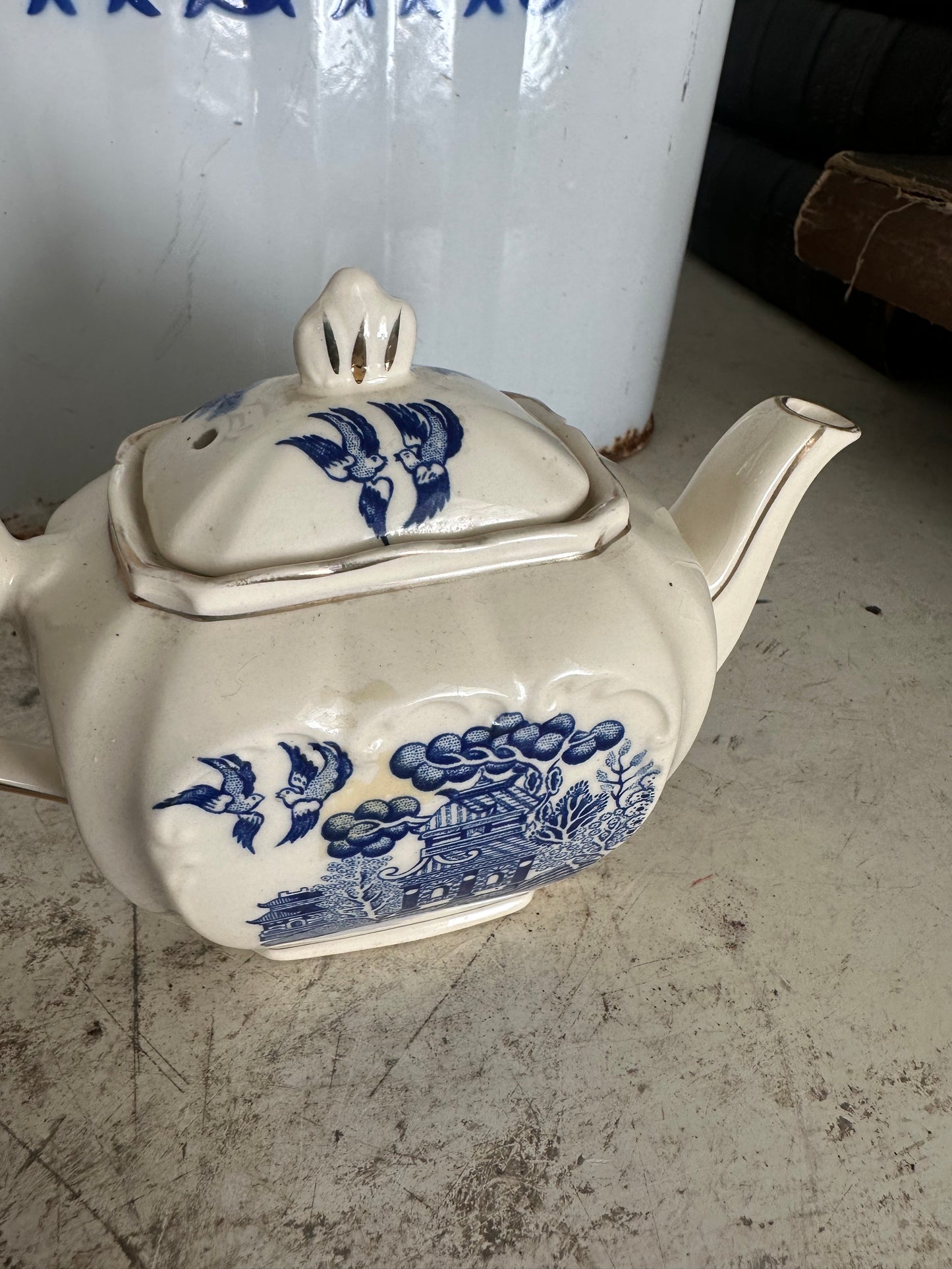 Antique Sadler Blue Willow Teapot- Small chips as shown