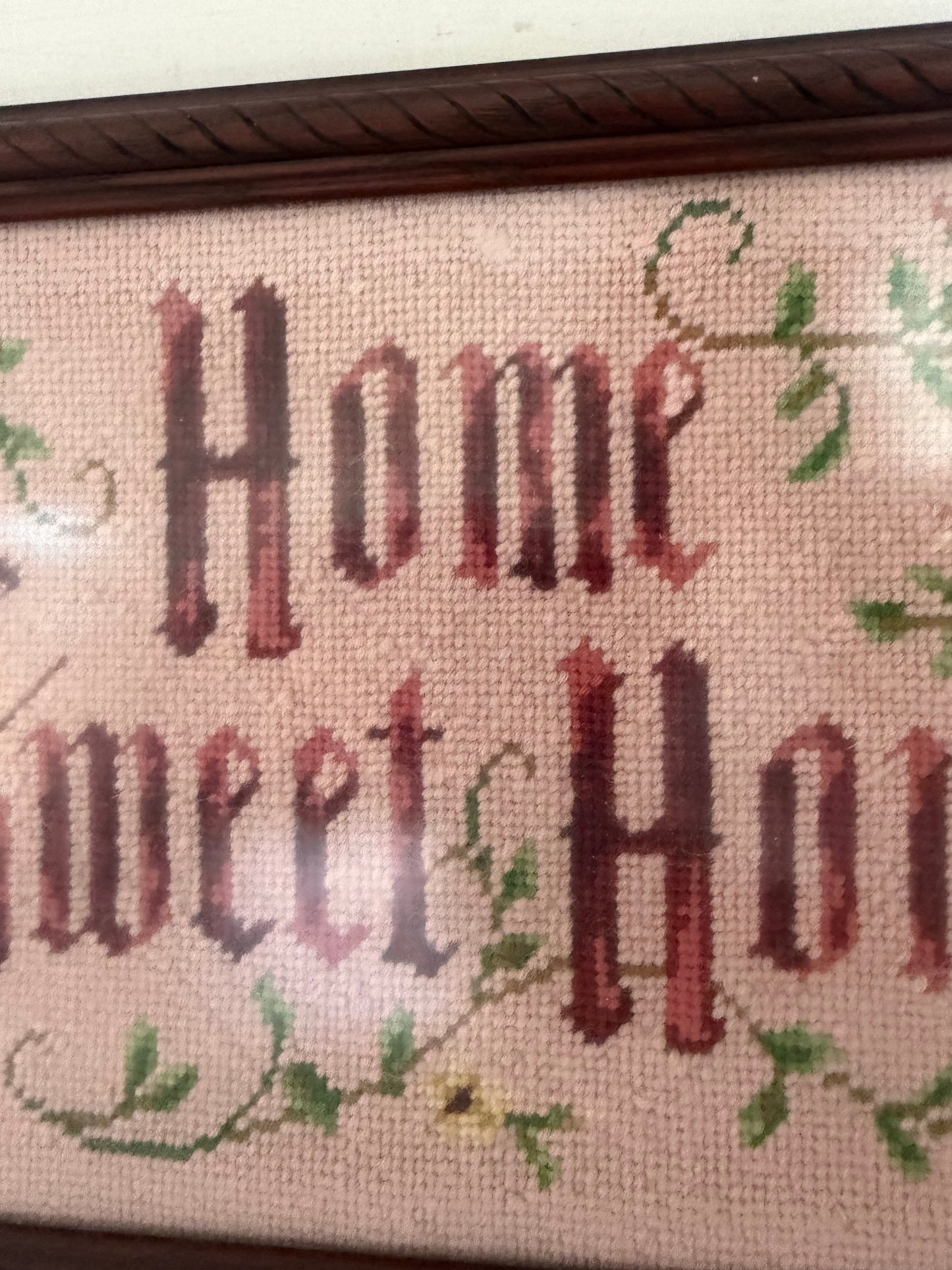 Vintage Needlepoint Home Sweet Home 20 x 10 inches Wood Framed Pink