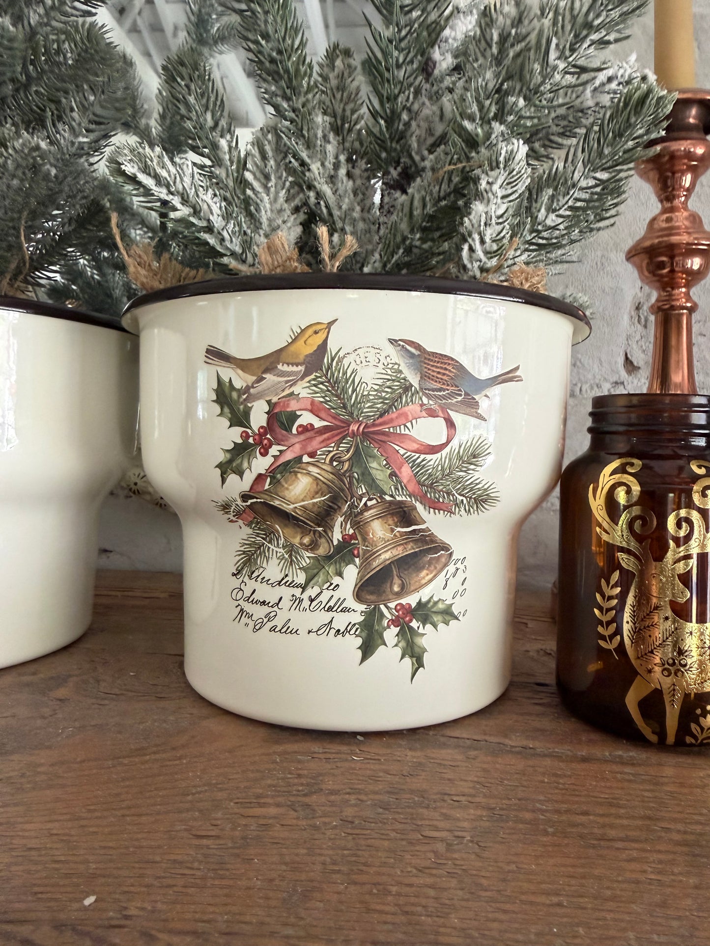White Enamel Canister with Holiday Transfer - sold individually greenery not included