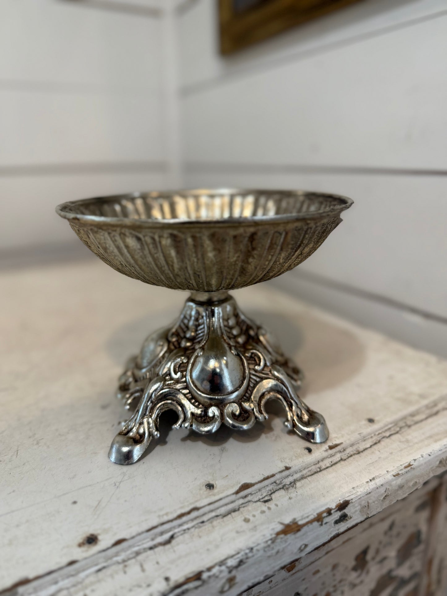 Vintage ornate metal bowl base- centerpiece - repurpose piece - aged - missing candle holder in the center