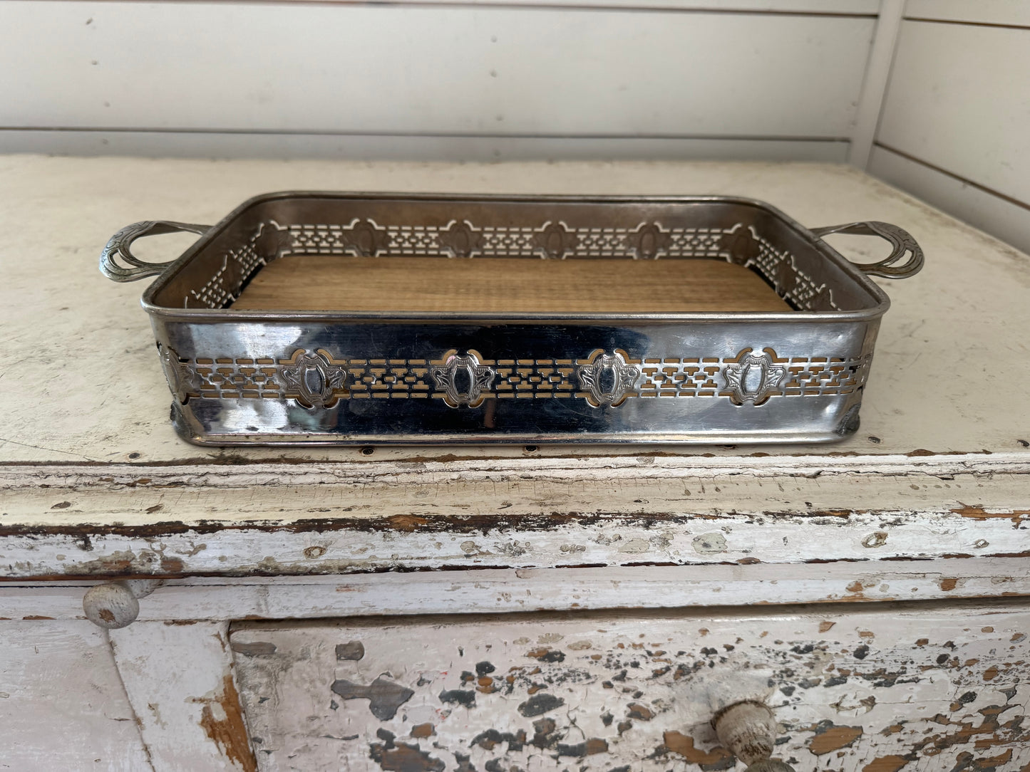 Vintage Tarnished Silver Tray with Wood Bottom