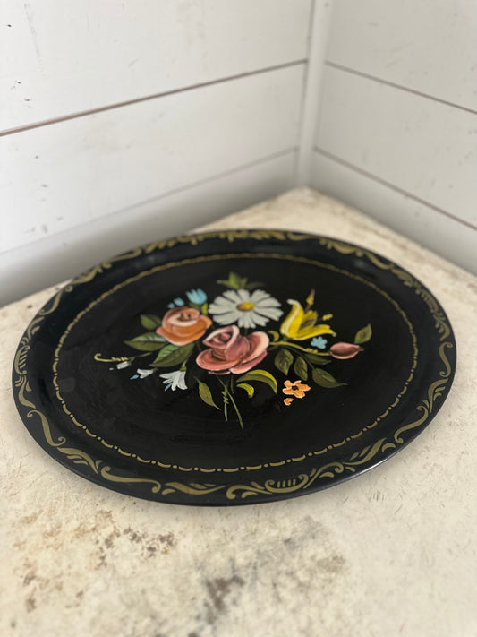 Vintage American Toleware Tray with Floral Pattern and Gold Trim,