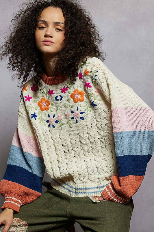 Color block pattern floral embroidered chenille sweater top