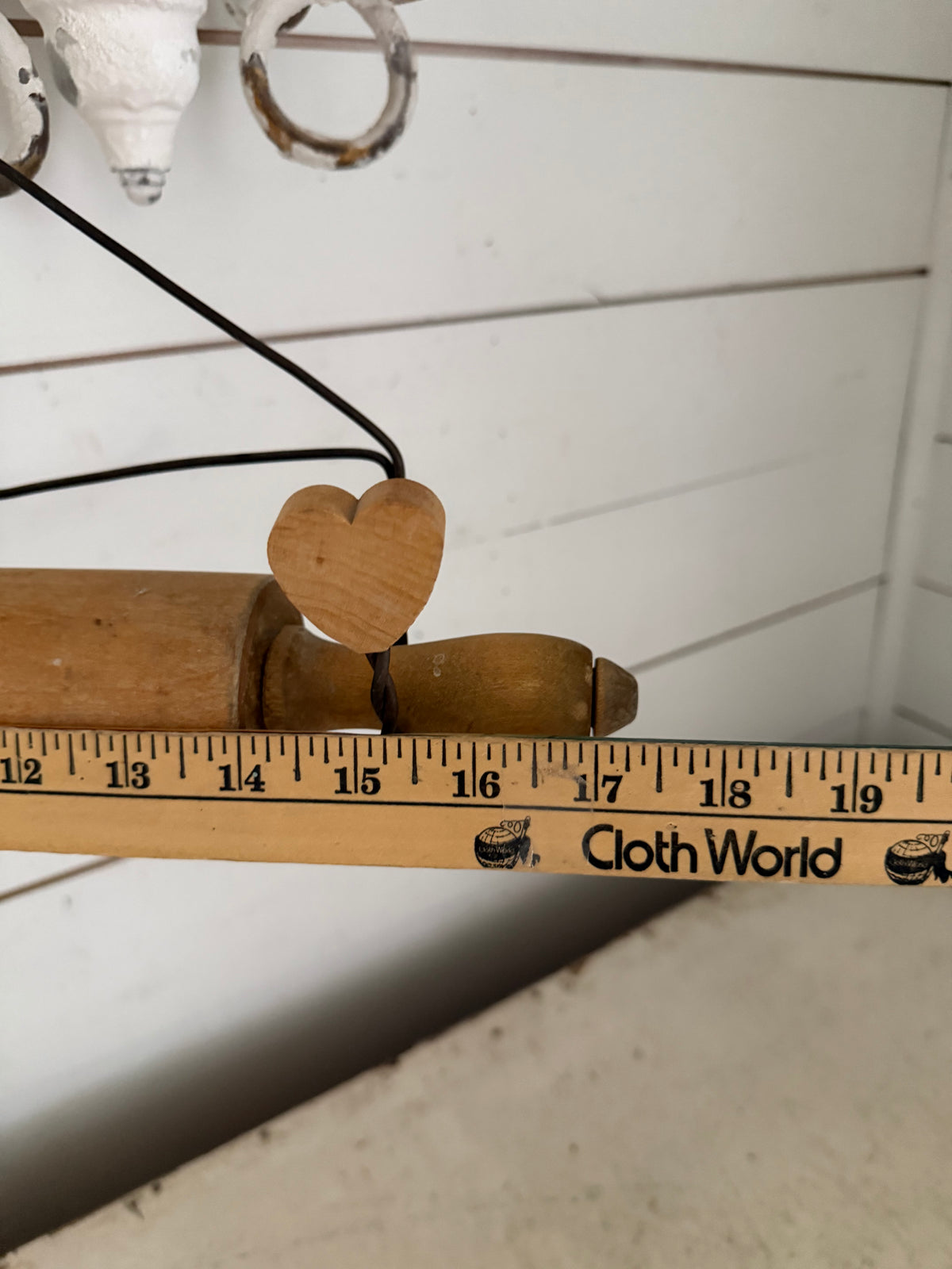 Primitive Wood Rolling Pin & Vintage Twisted Wire Hanger Holder Heart