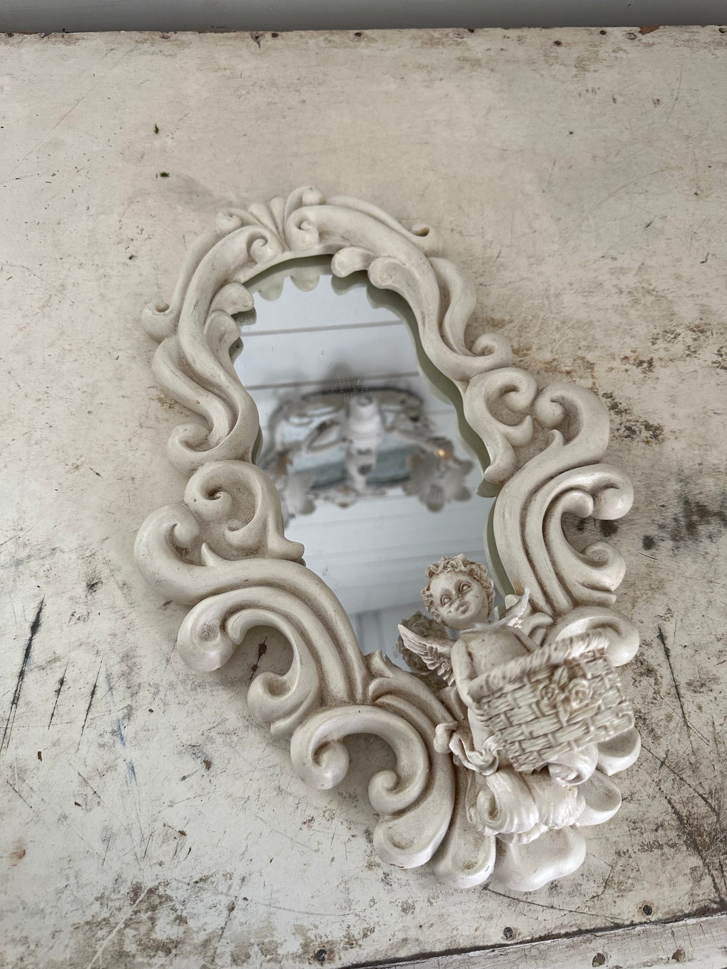 Vintage Cherub Angel Wall Decor Mirror Candle Holder 1990s White Ceramic 14"
