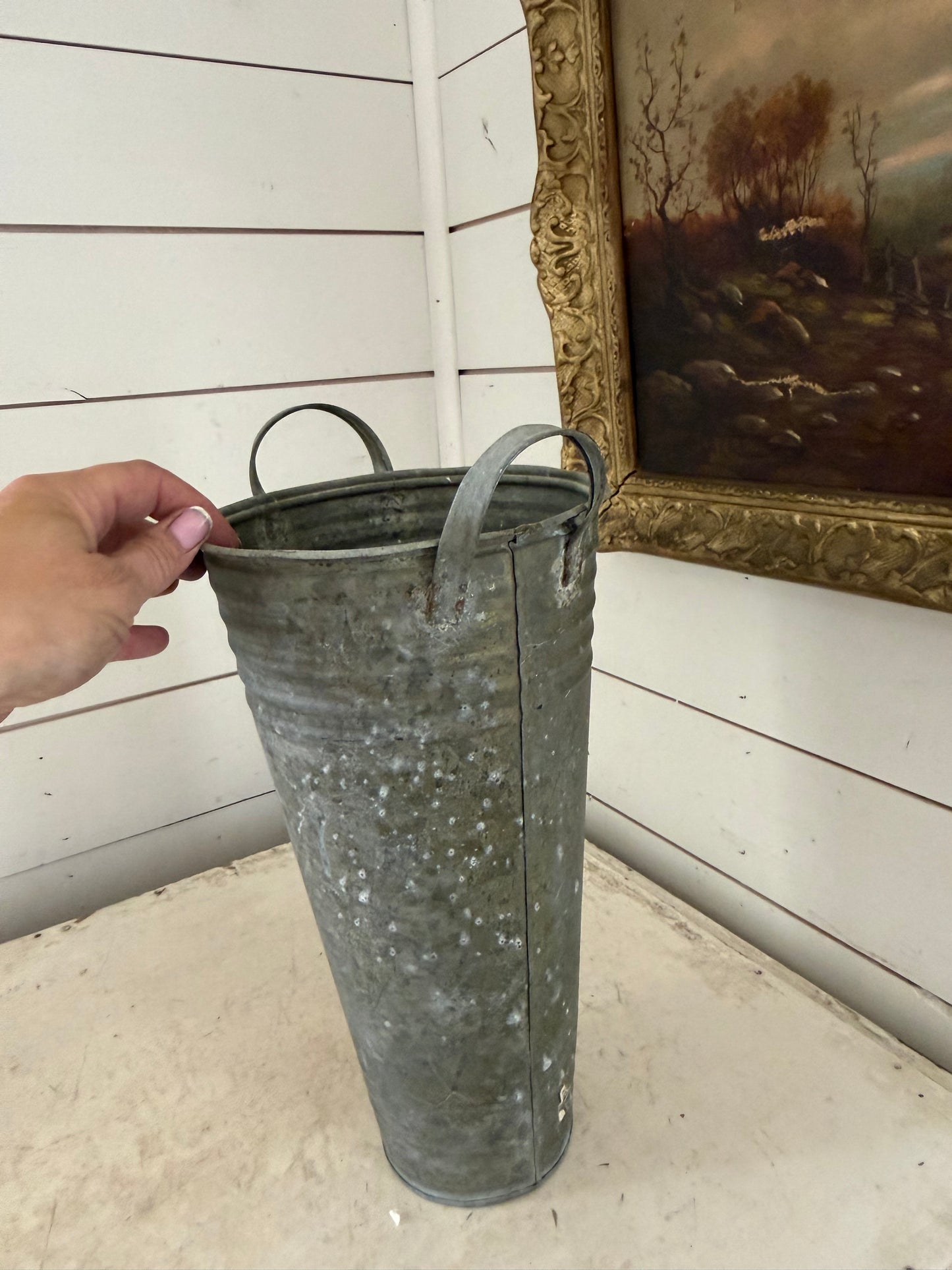 Age galvanized, French flower bucket