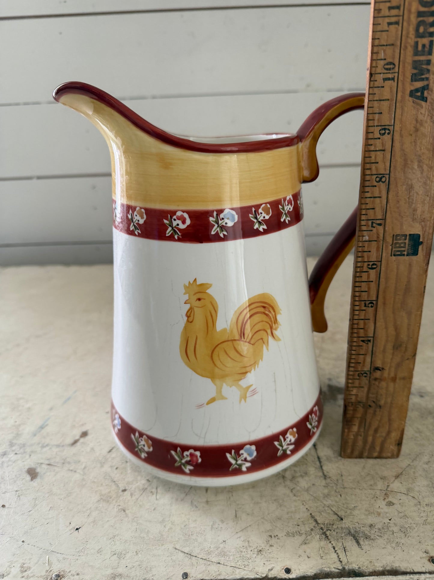 Waverly Coq-a-Doodle Do hand-painted ceramic pitcher has crack