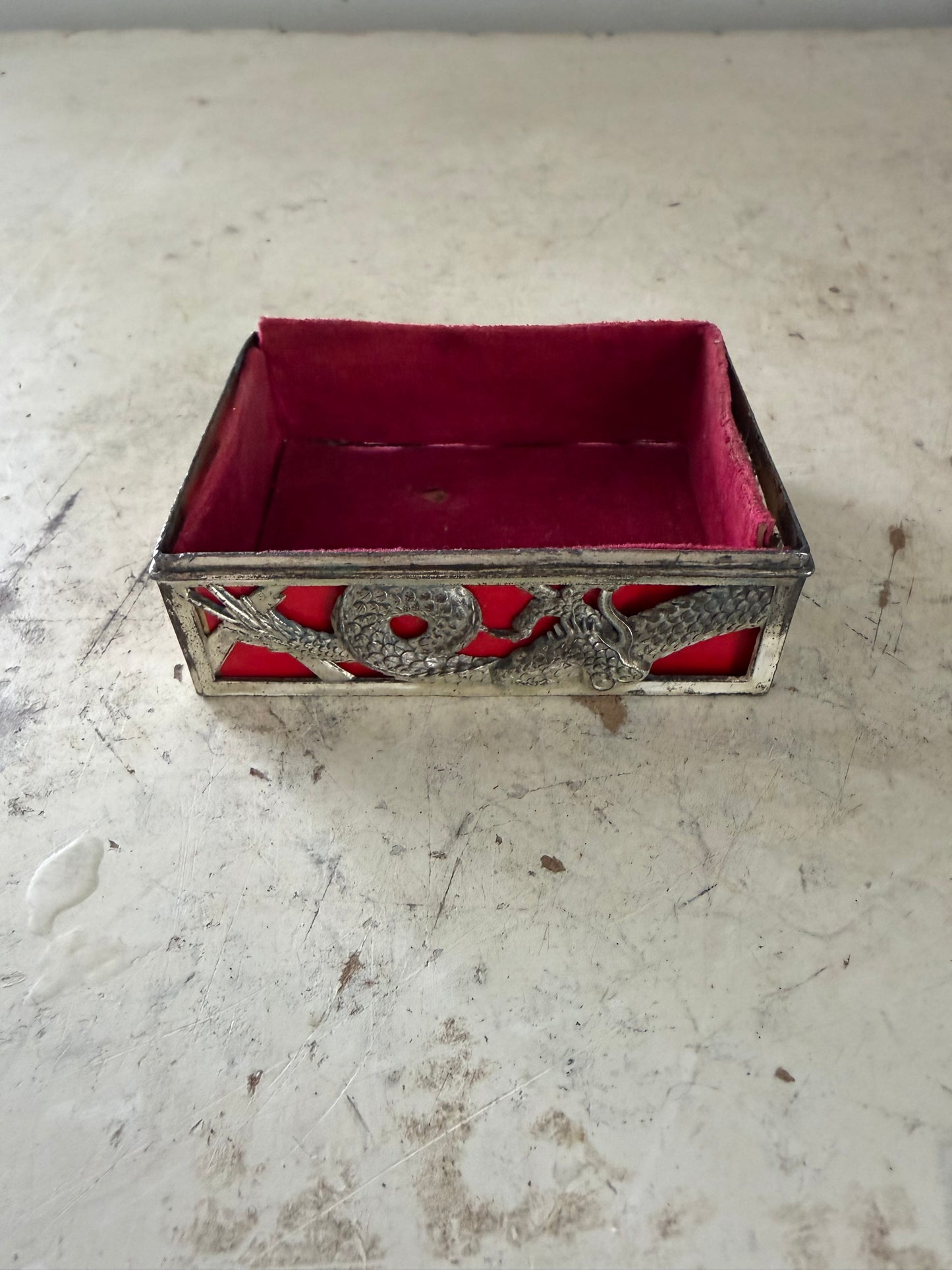 vintage silver-plated Japanese dragon trinket box lined with red velvet