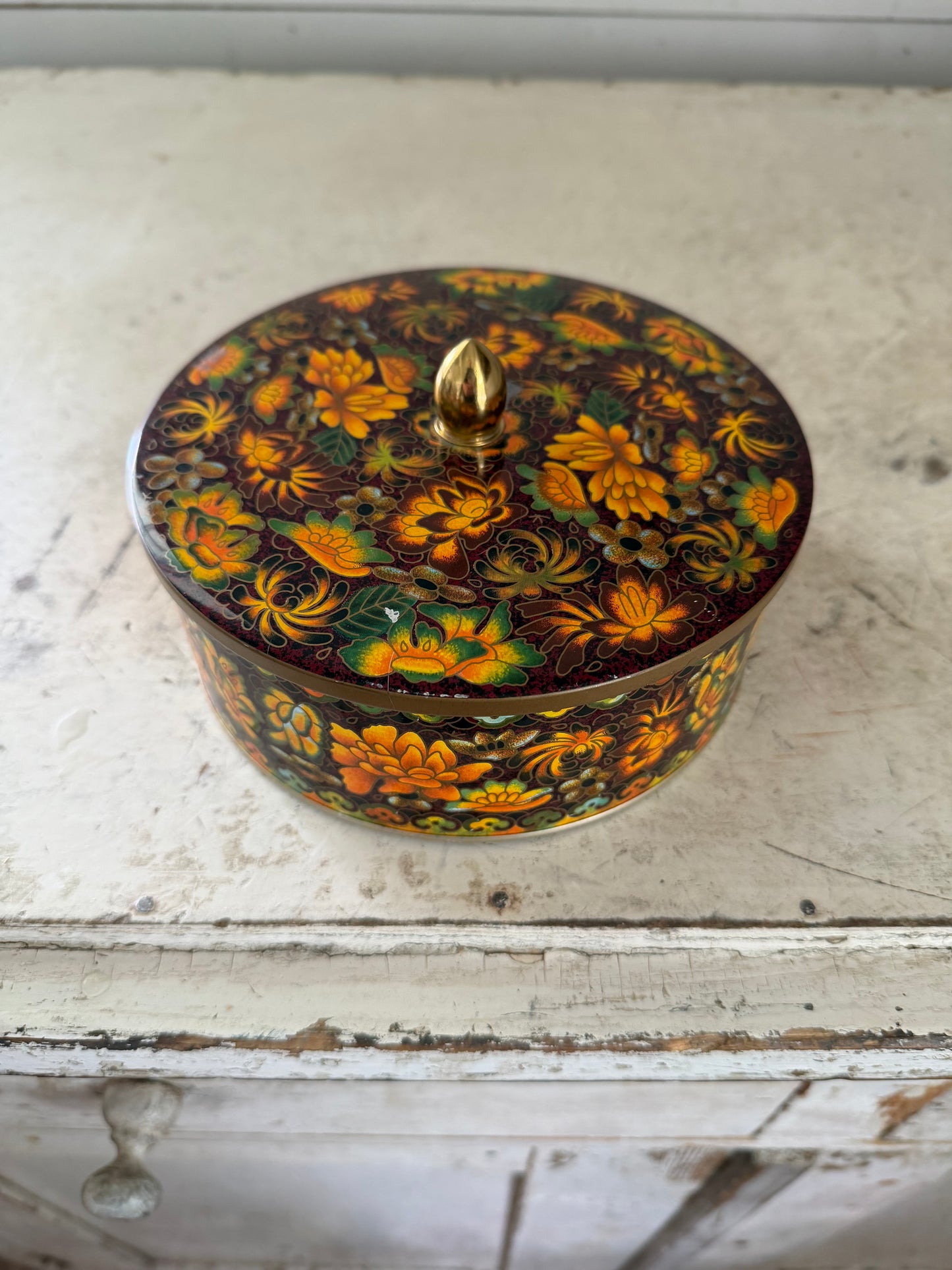 Vintage Daher Tin With Orange and Green blossoms