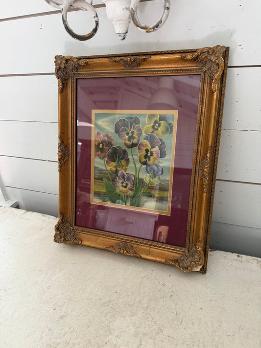 Vintage Pansy Print in Ornate Moulded Frame as is see photos