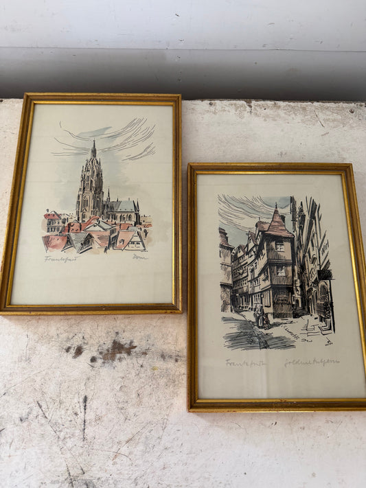 Vintage colored etchings depicting scenes from Frankfurt, Germany, featuring the Dom (Cathedral)